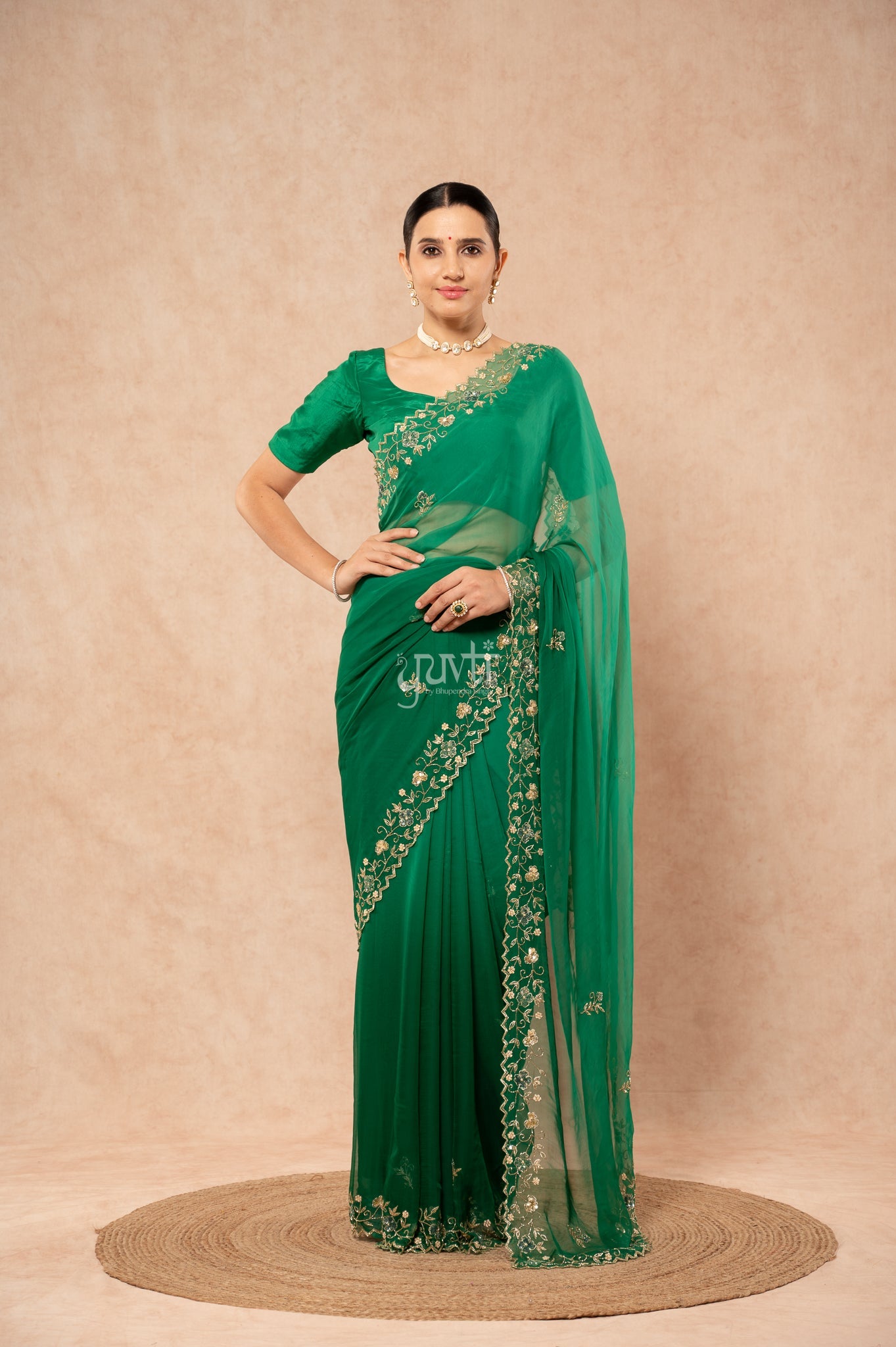 Green Shaded Viscose Chiffon Aari Sequins Kardana Border Jaal  Handwork Party wear Saree  with Blouse