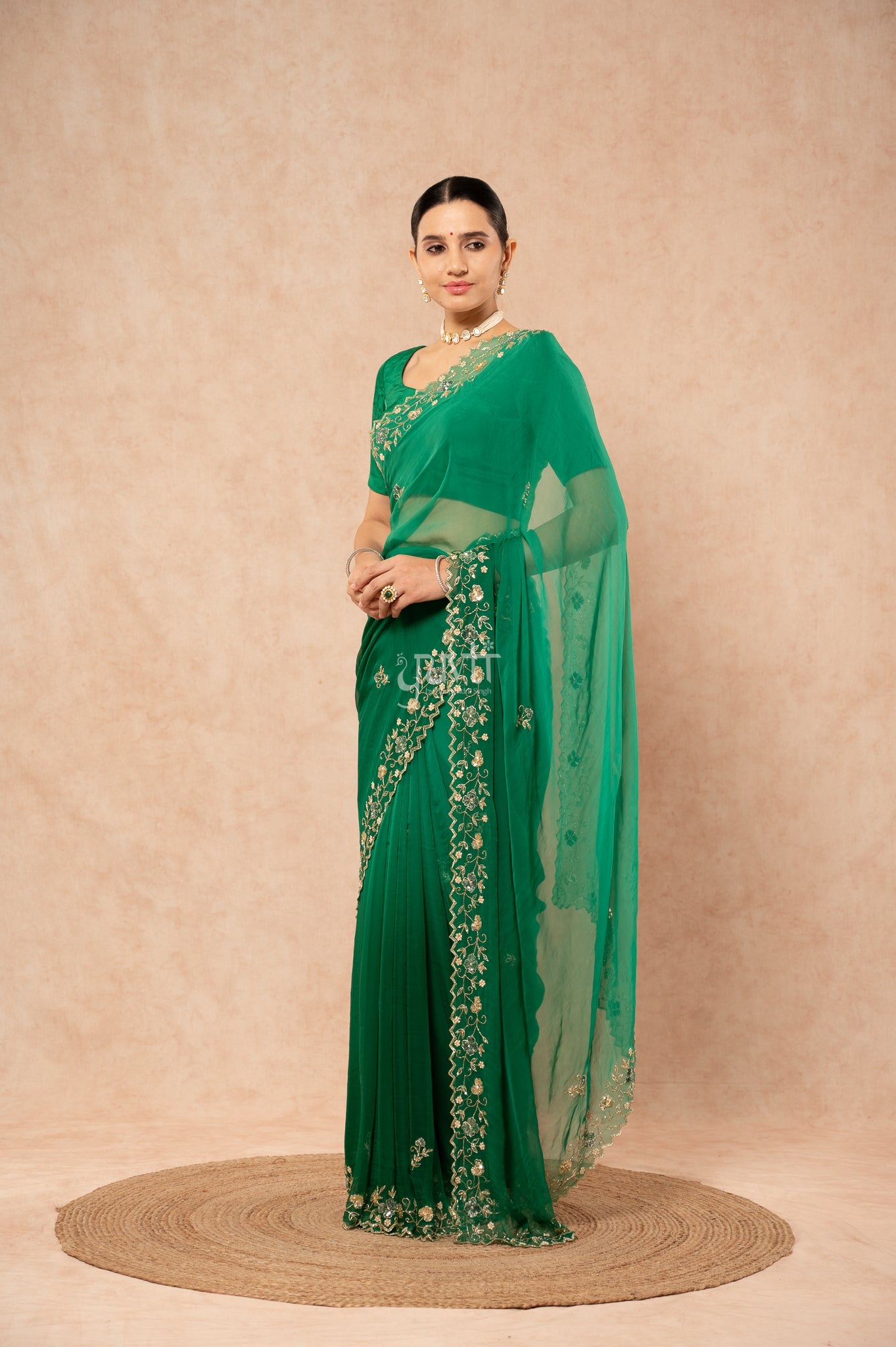 Green Shaded Viscose Chiffon Aari Sequins Kardana Border Jaal  Handwork Party wear Saree  with Blouse