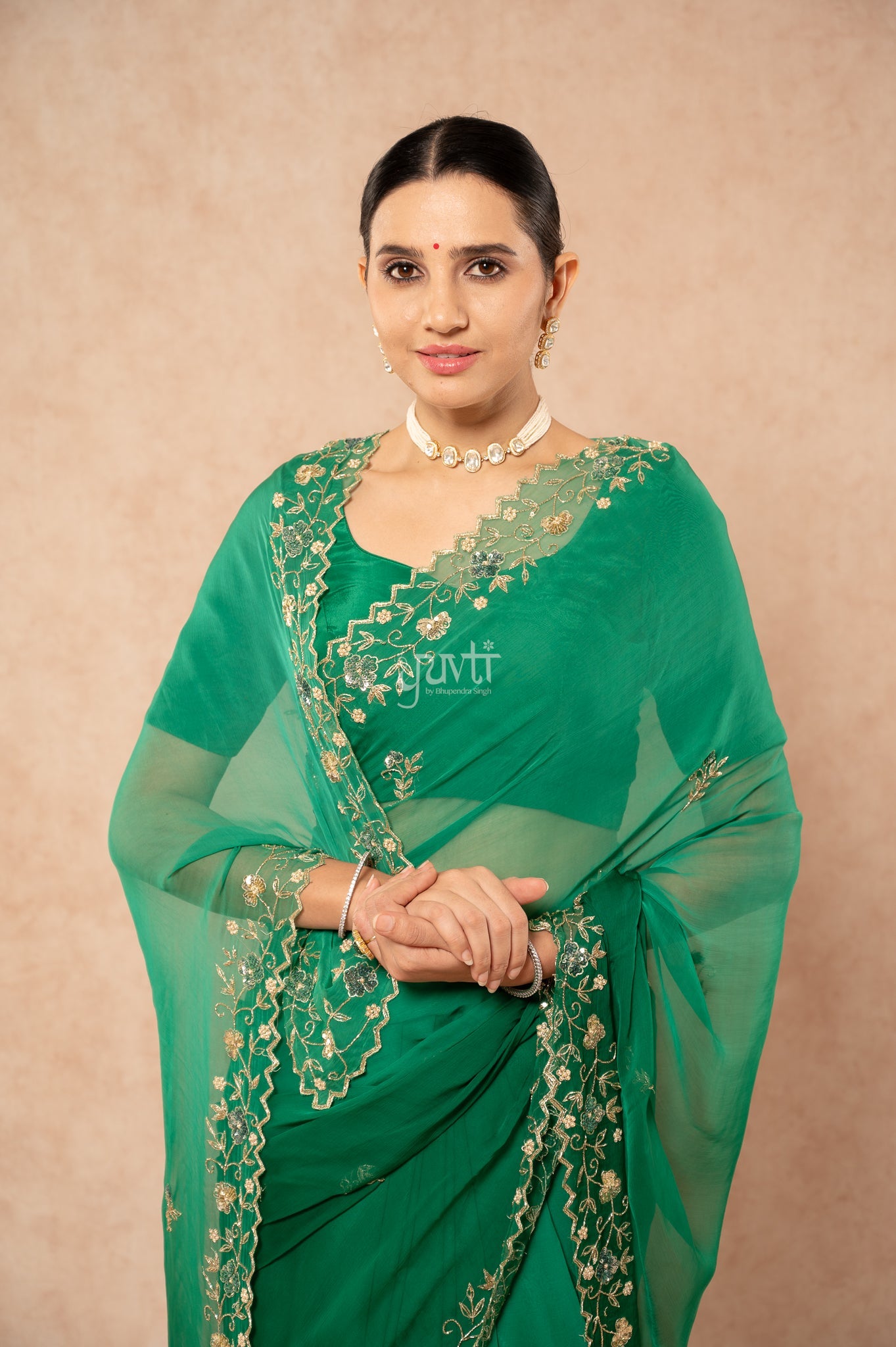 Green Shaded Viscose Chiffon Aari Sequins Kardana Border Jaal  Handwork Party wear Saree  with Blouse