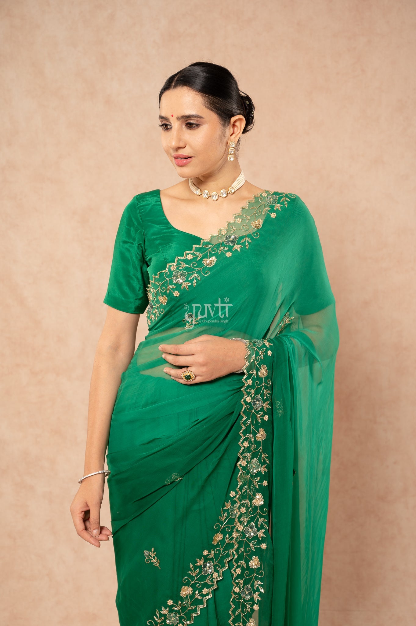 Green Shaded Viscose Chiffon Aari Sequins Kardana Border Jaal  Handwork Party wear Saree  with Blouse