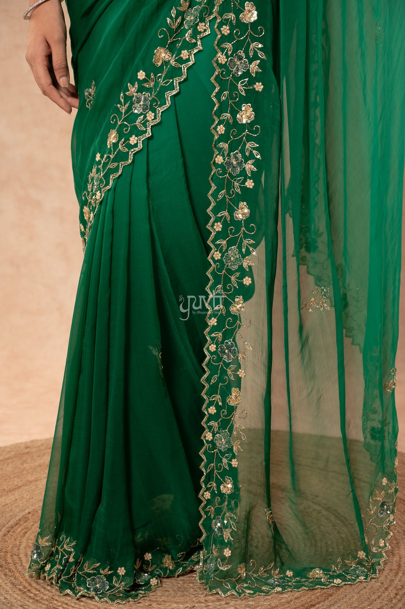 Green Shaded Viscose Chiffon Aari Sequins Kardana Border Jaal  Handwork Party wear Saree  with Blouse