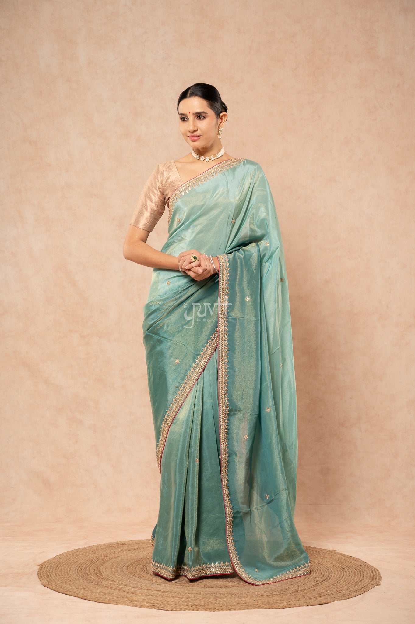 Greyish Green Viscose Tissue Gotta Patti Border Butti Handwork  Saree  with Blouse