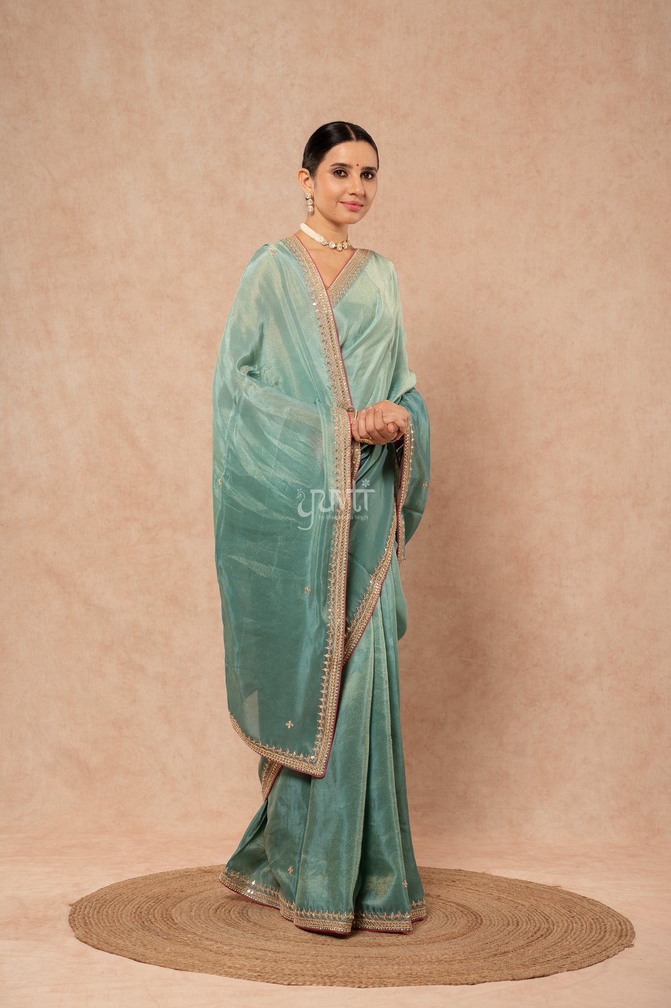 Greyish Green Viscose Tissue Gotta Patti Border Butti Handwork  Saree  with Blouse
