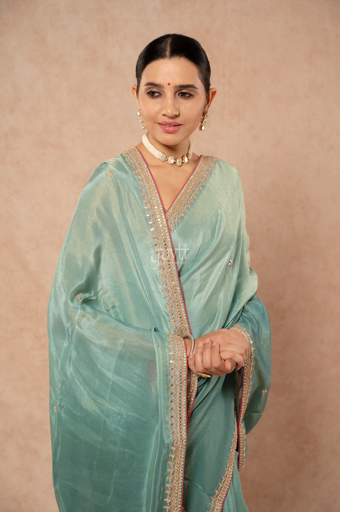 Greyish Green Viscose Tissue Gotta Patti Border Butti Handwork  Saree  with Blouse