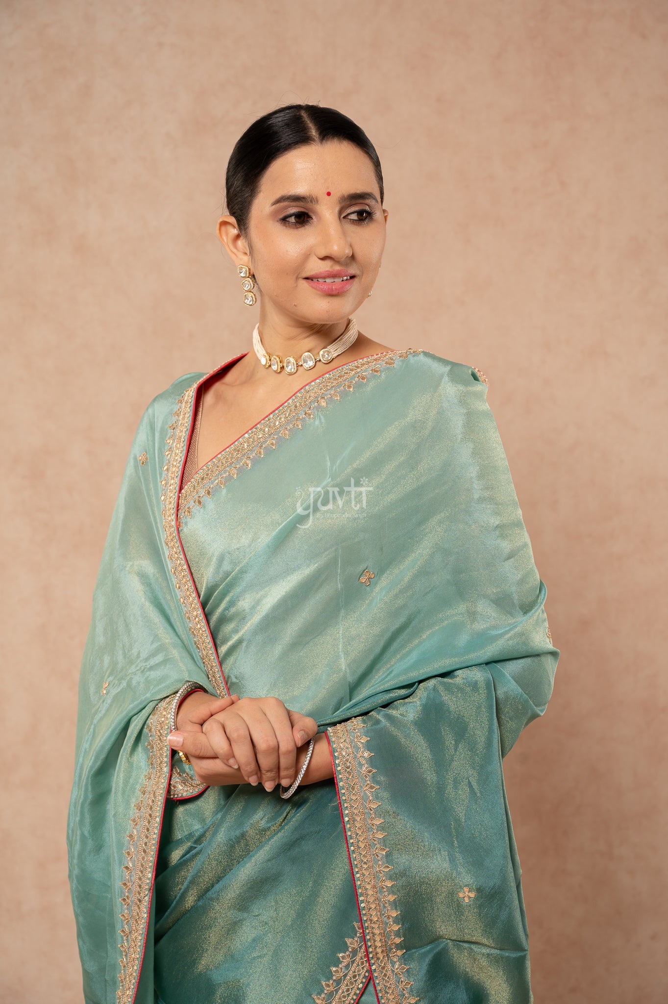 Greyish Green Viscose Tissue Gotta Patti Border Butti Handwork  Saree  with Blouse