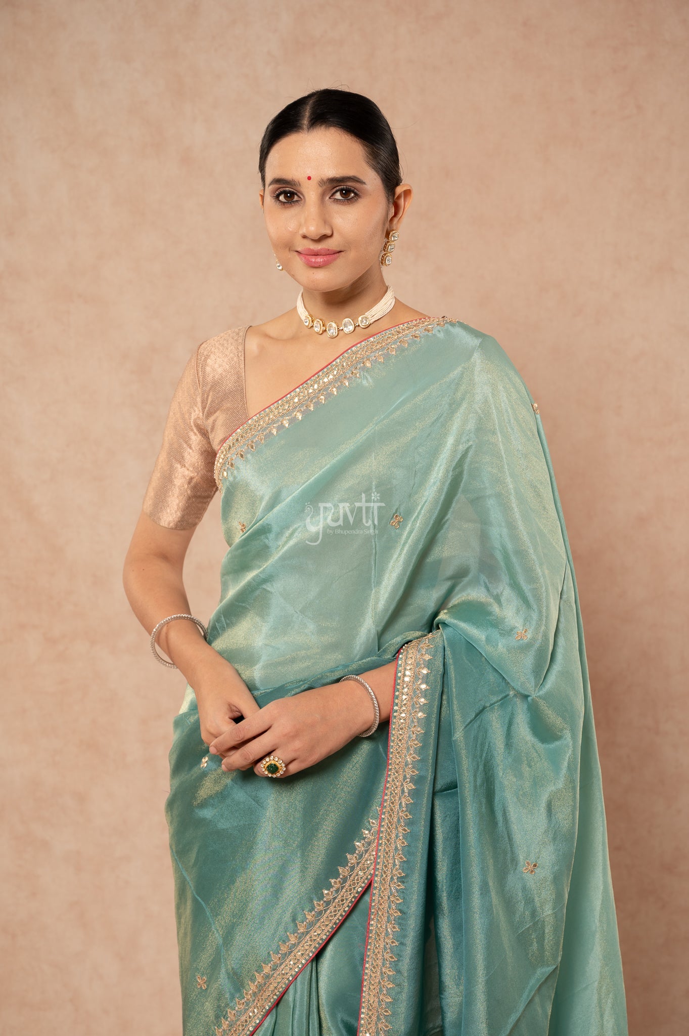 Greyish Green Viscose Tissue Gotta Patti Border Butti Handwork  Saree  with Blouse