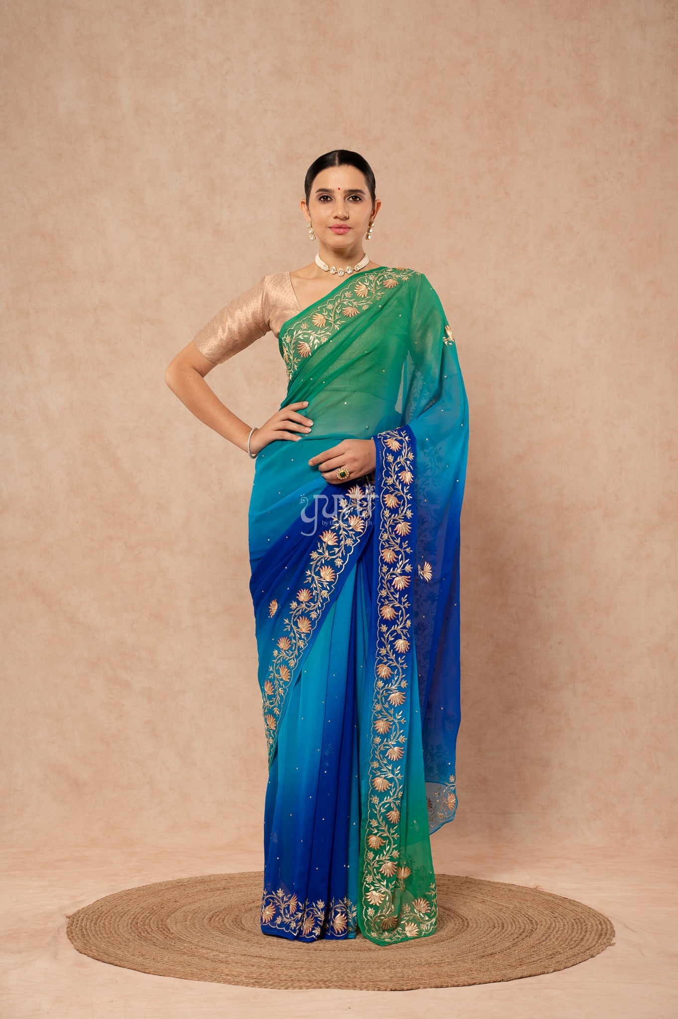 Peacock Shade Pure Chiffon Aari Sequins Border Butti Handwork Party wear Saree  with Blouse