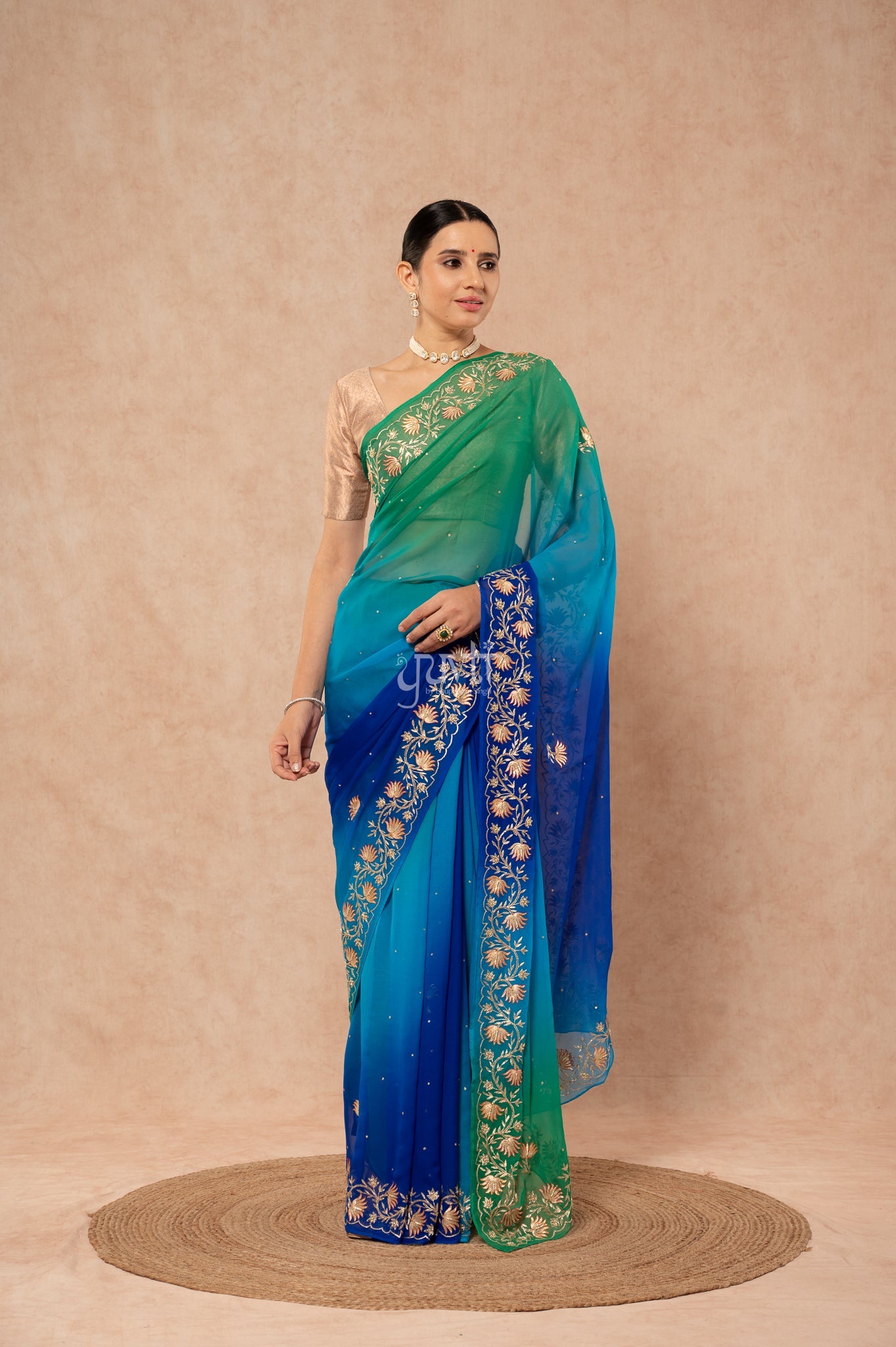 Peacock Shade Pure Chiffon Aari Sequins Border Butti Handwork Party wear Saree  with Blouse