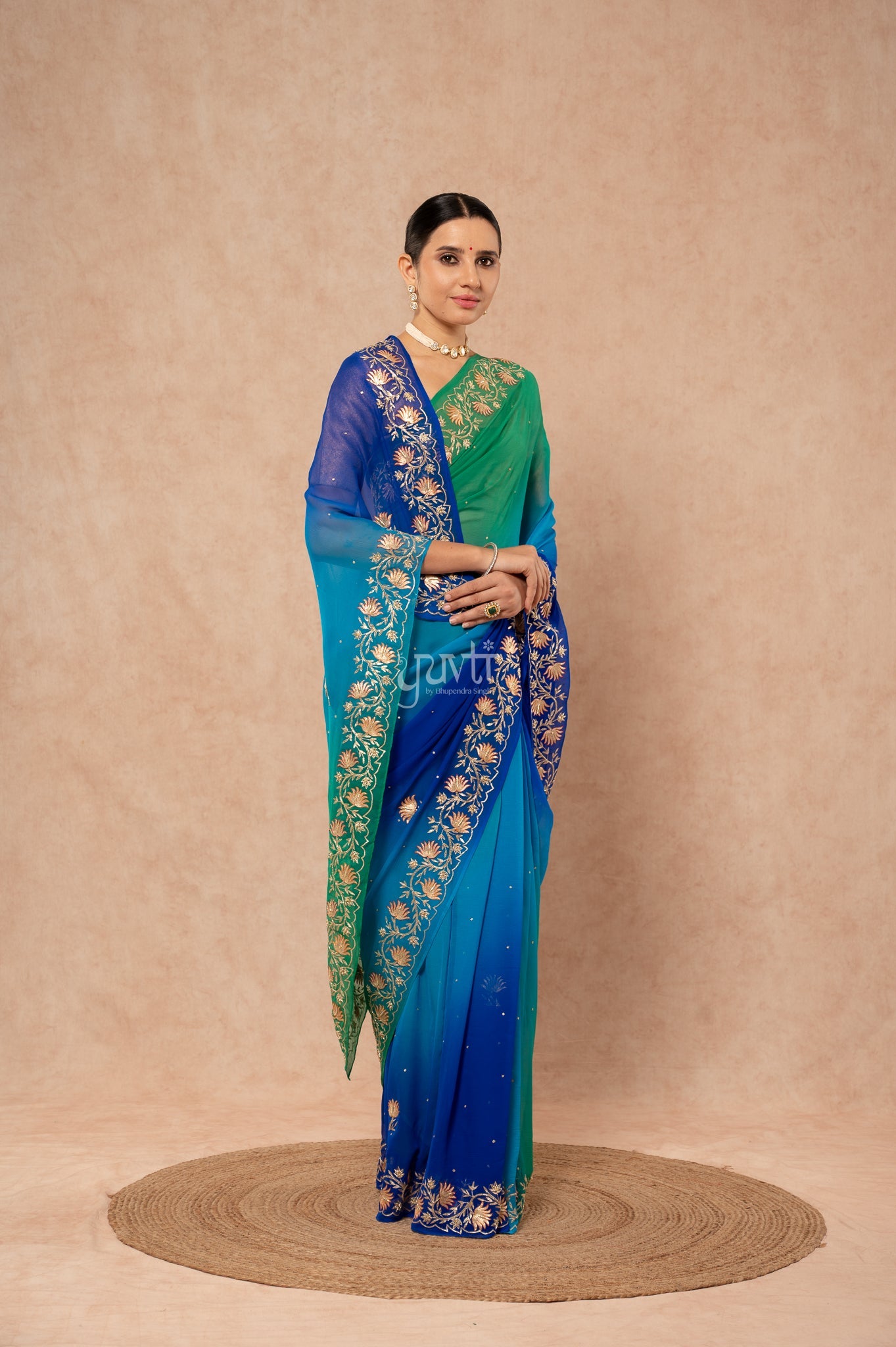 Peacock Shade Pure Chiffon Aari Sequins Border Butti Handwork Party wear Saree  with Blouse