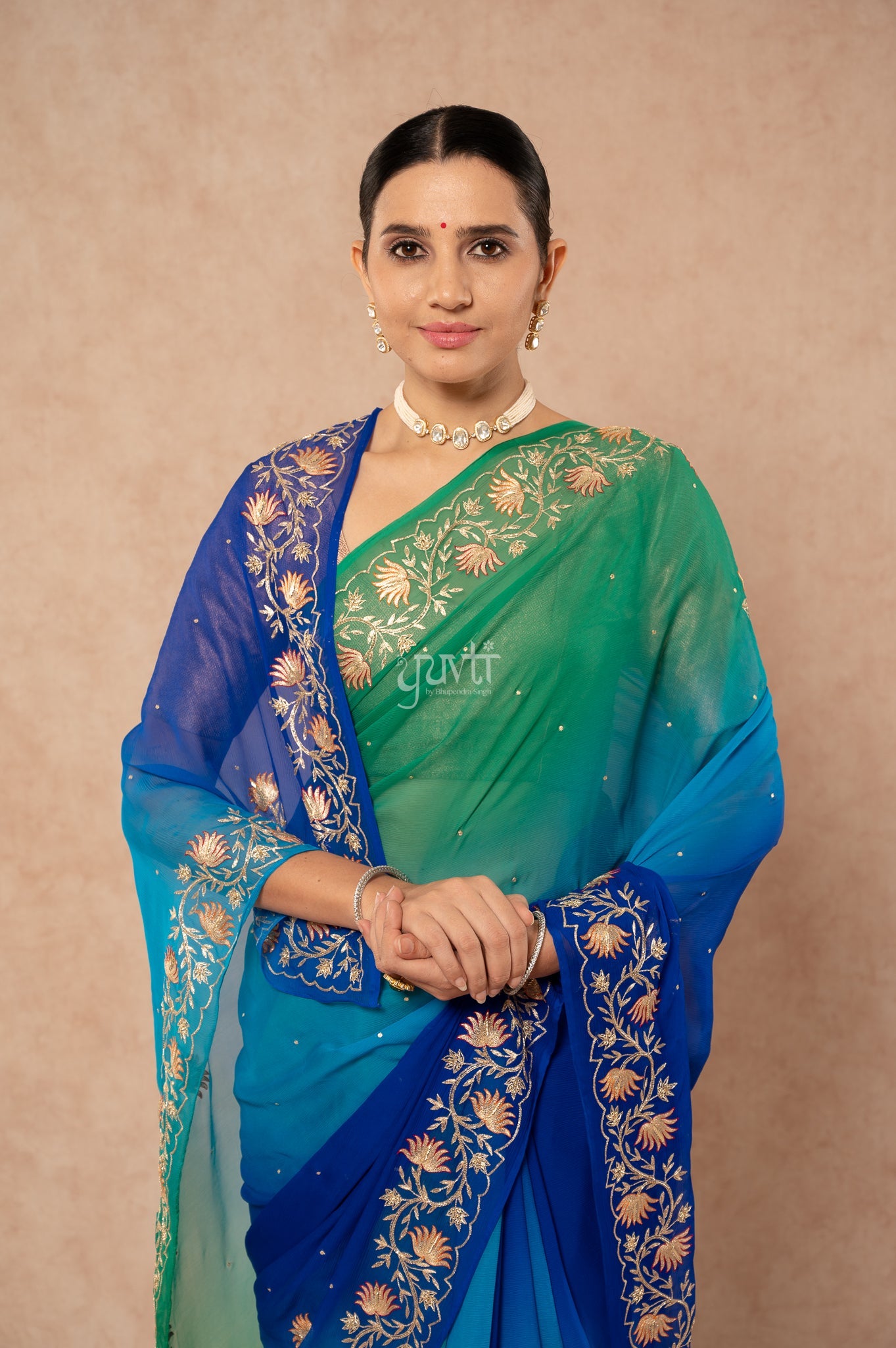 Peacock Shade Pure Chiffon Aari Sequins Border Butti Handwork Party wear Saree  with Blouse