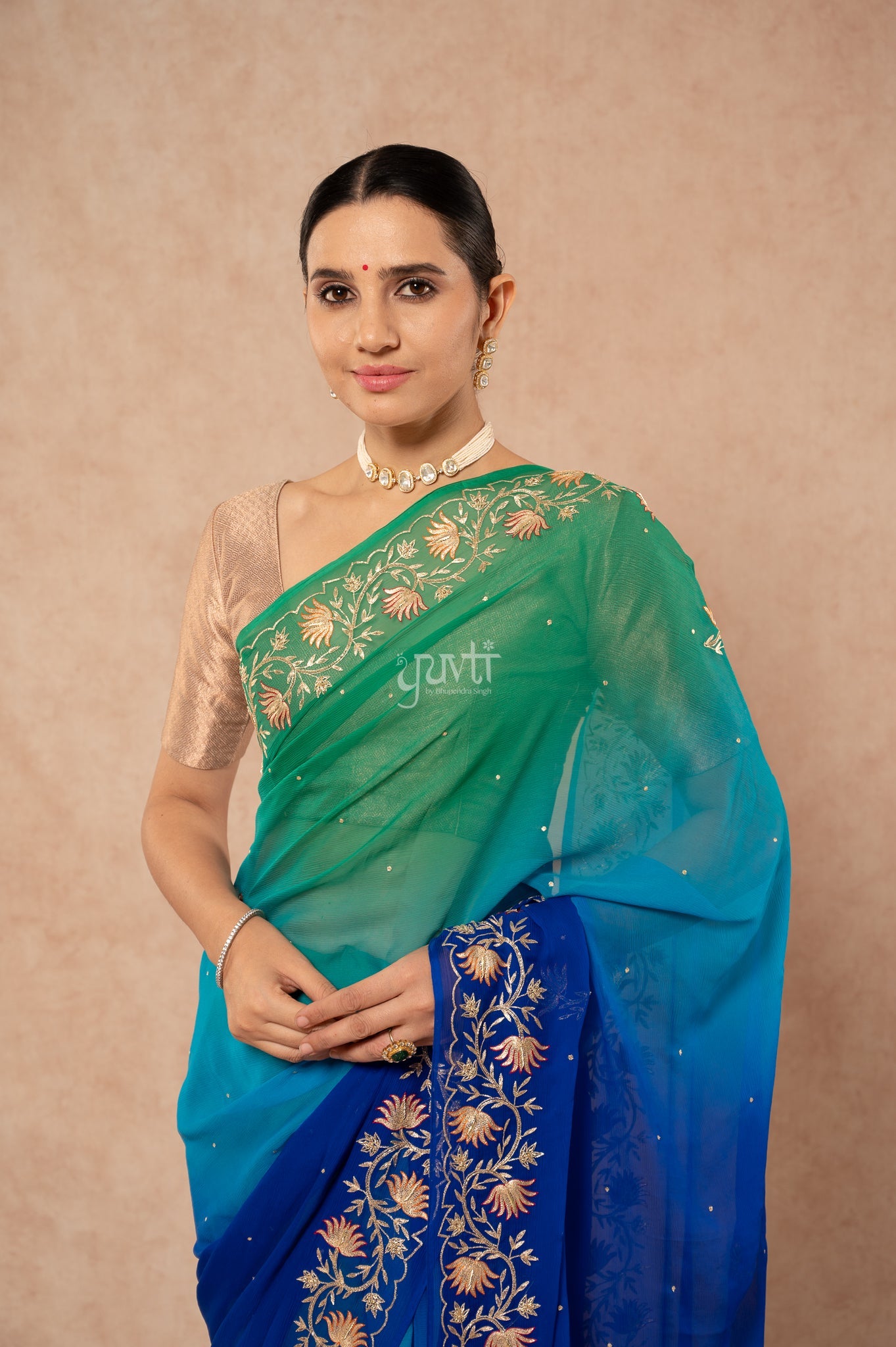 Peacock Shade Pure Chiffon Aari Sequins Border Butti Handwork Party wear Saree  with Blouse