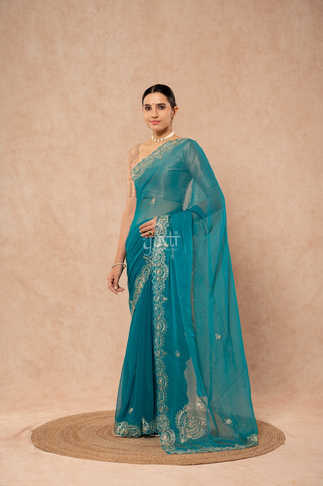 Rama Viscose Chiffon Aari Sequins Kardana Border Motifs ( Butti ) Handwork  Saree  with Blouse