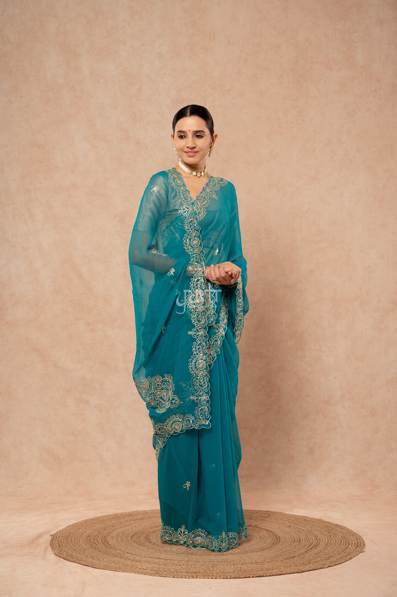 Rama Viscose Chiffon Aari Sequins Kardana Border Motifs ( Butti ) Handwork  Saree  with Blouse