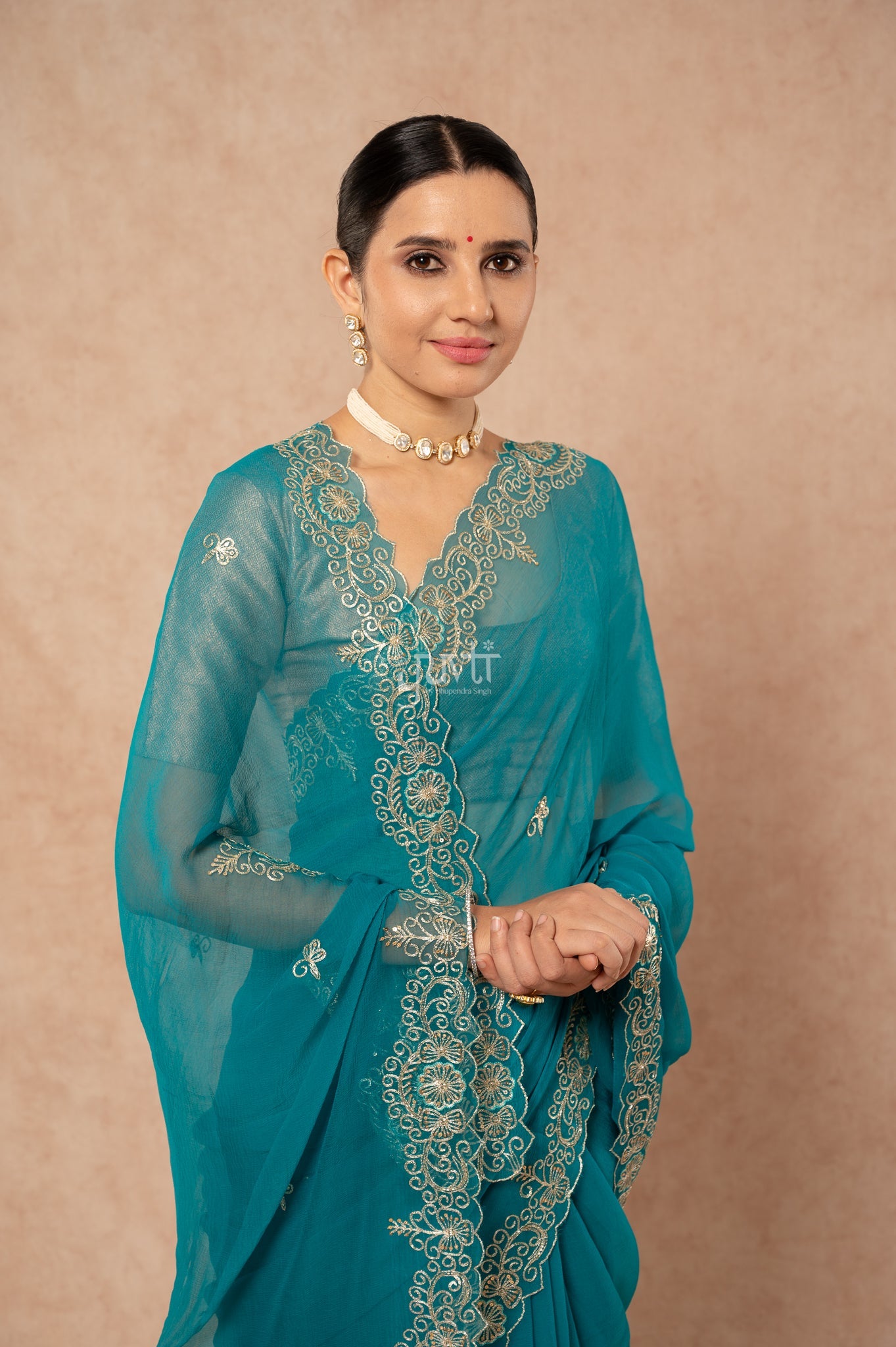 Rama Viscose Chiffon Aari Sequins Kardana Border Motifs ( Butti ) Handwork  Saree  with Blouse