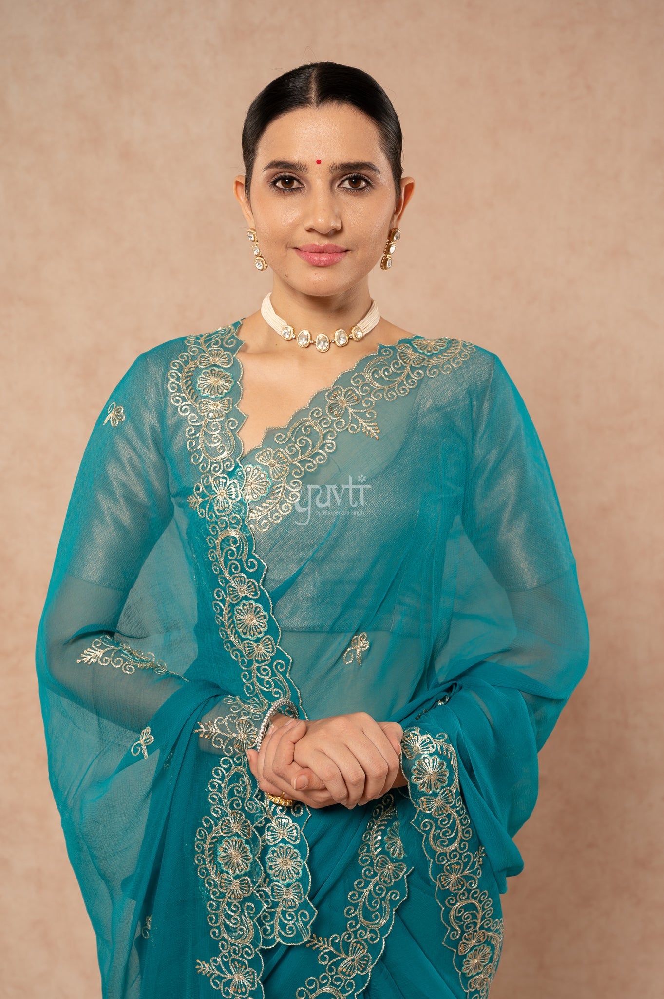 Rama Viscose Chiffon Aari Sequins Kardana Border Motifs ( Butti ) Handwork  Saree  with Blouse