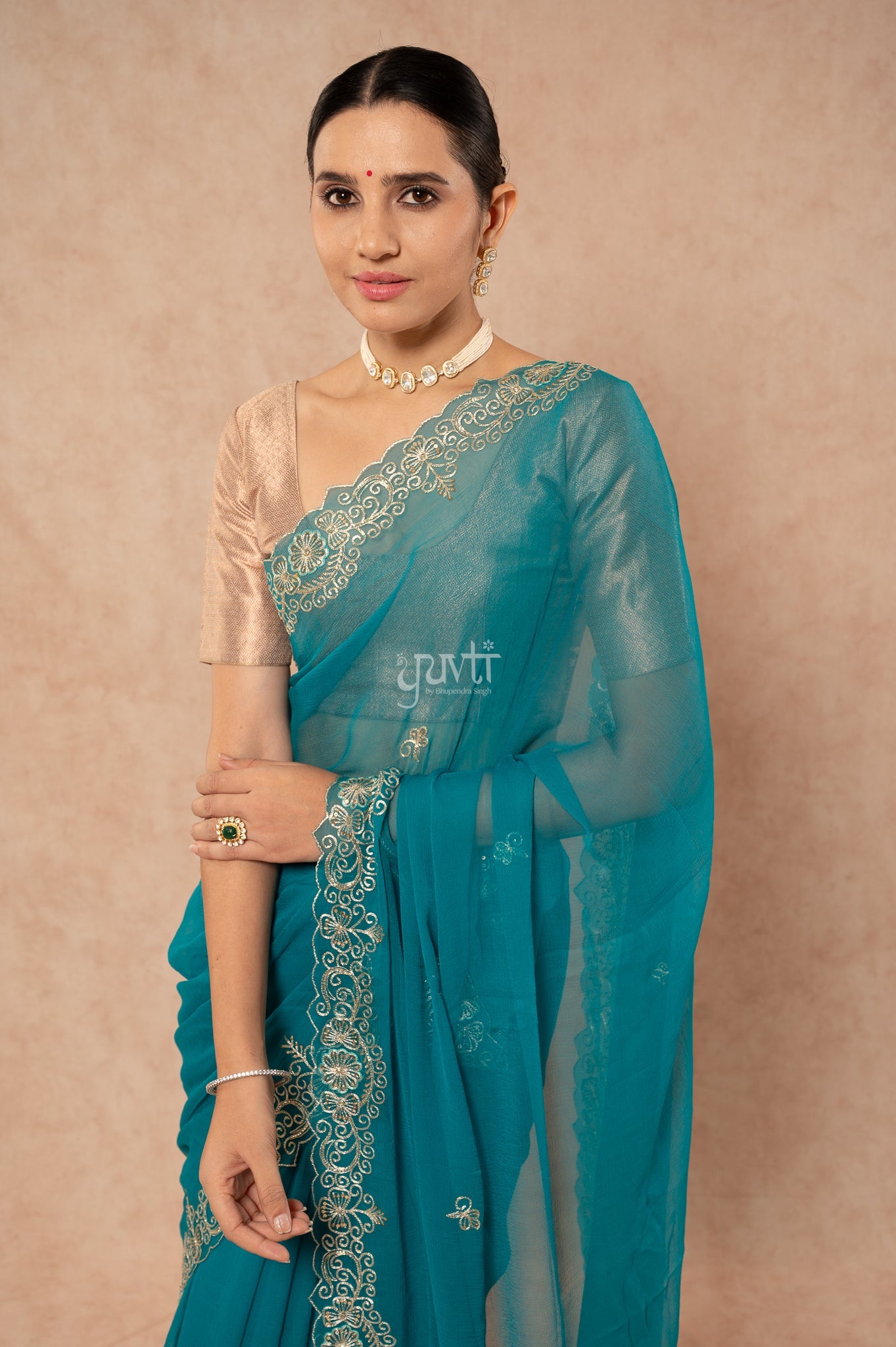 Rama Viscose Chiffon Aari Sequins Kardana Border Motifs ( Butti ) Handwork  Saree  with Blouse