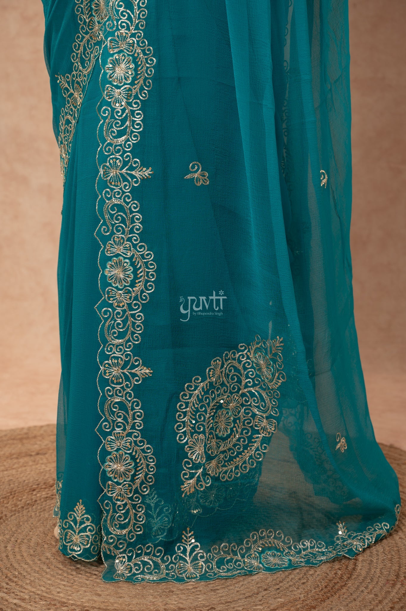 Rama Viscose Chiffon Aari Sequins Kardana Border Motifs ( Butti ) Handwork  Saree  with Blouse