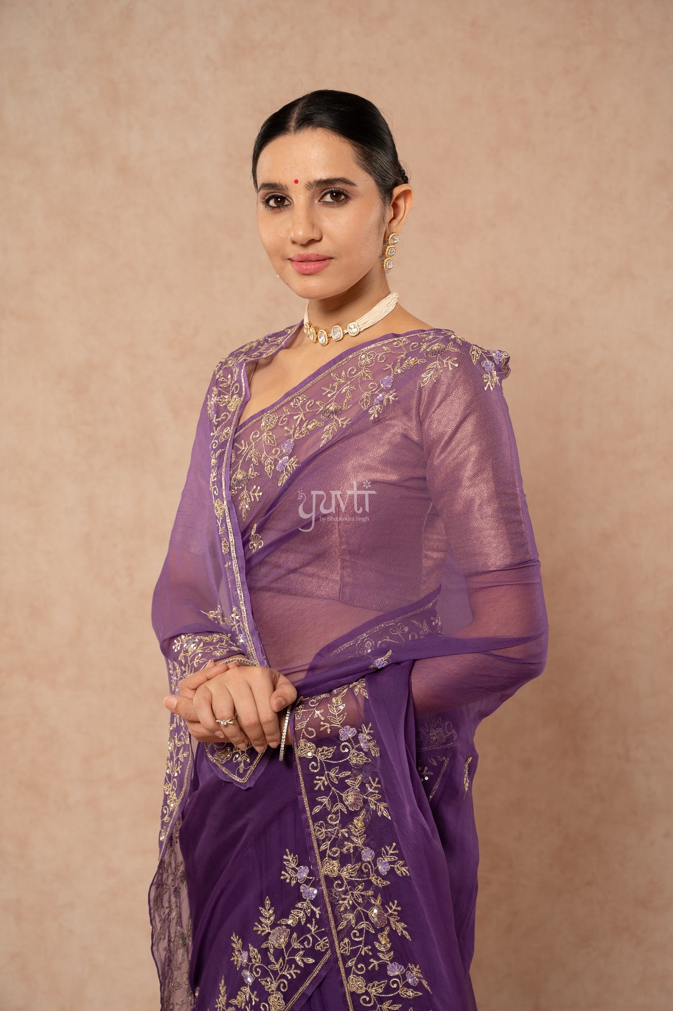 Blue Viscose Chiffon Aari Sequins Border Jaal Handwork Party wear Saree  with Blouse