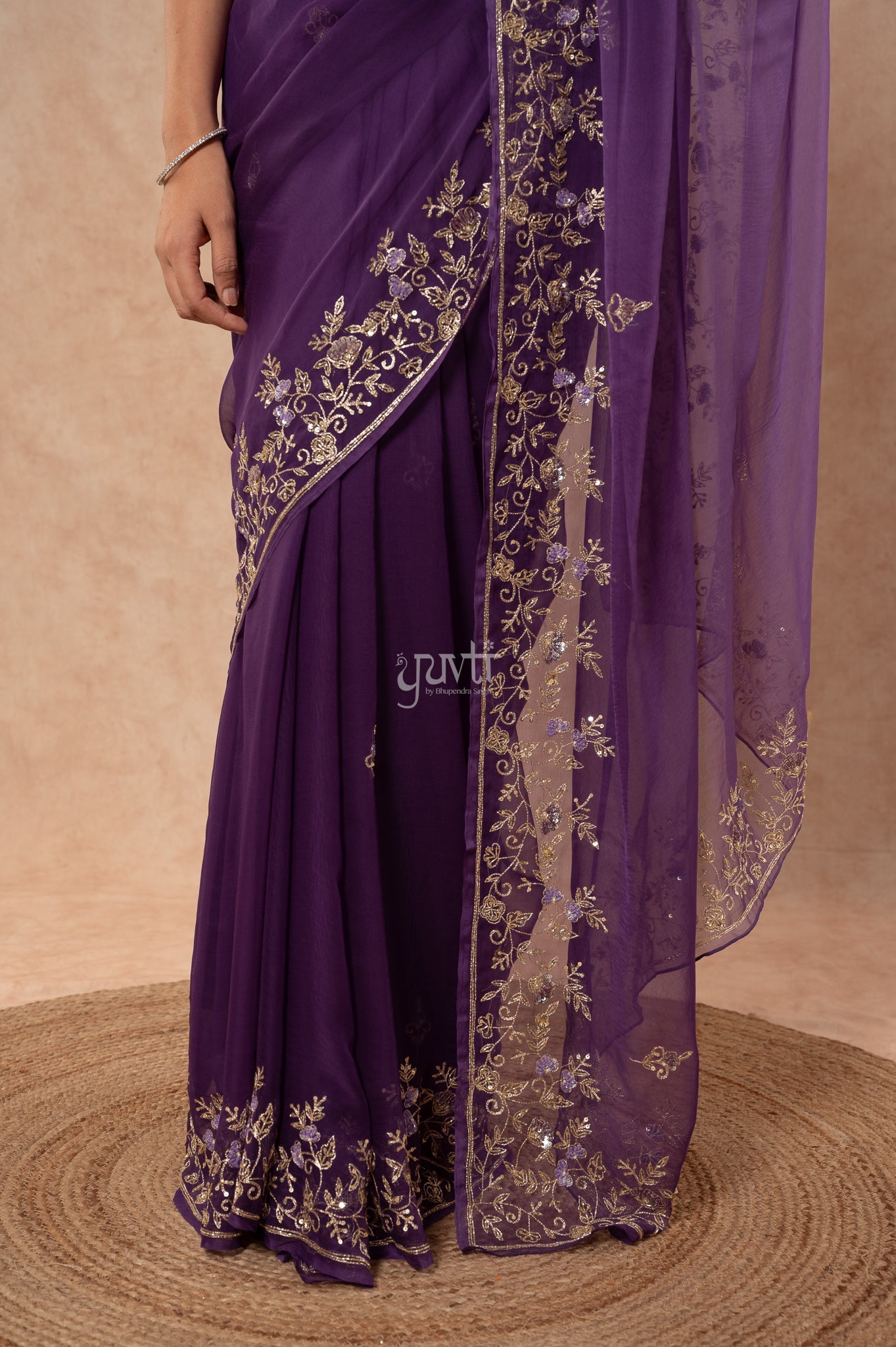 Blue Viscose Chiffon Aari Sequins Border Jaal Handwork Party wear Saree  with Blouse