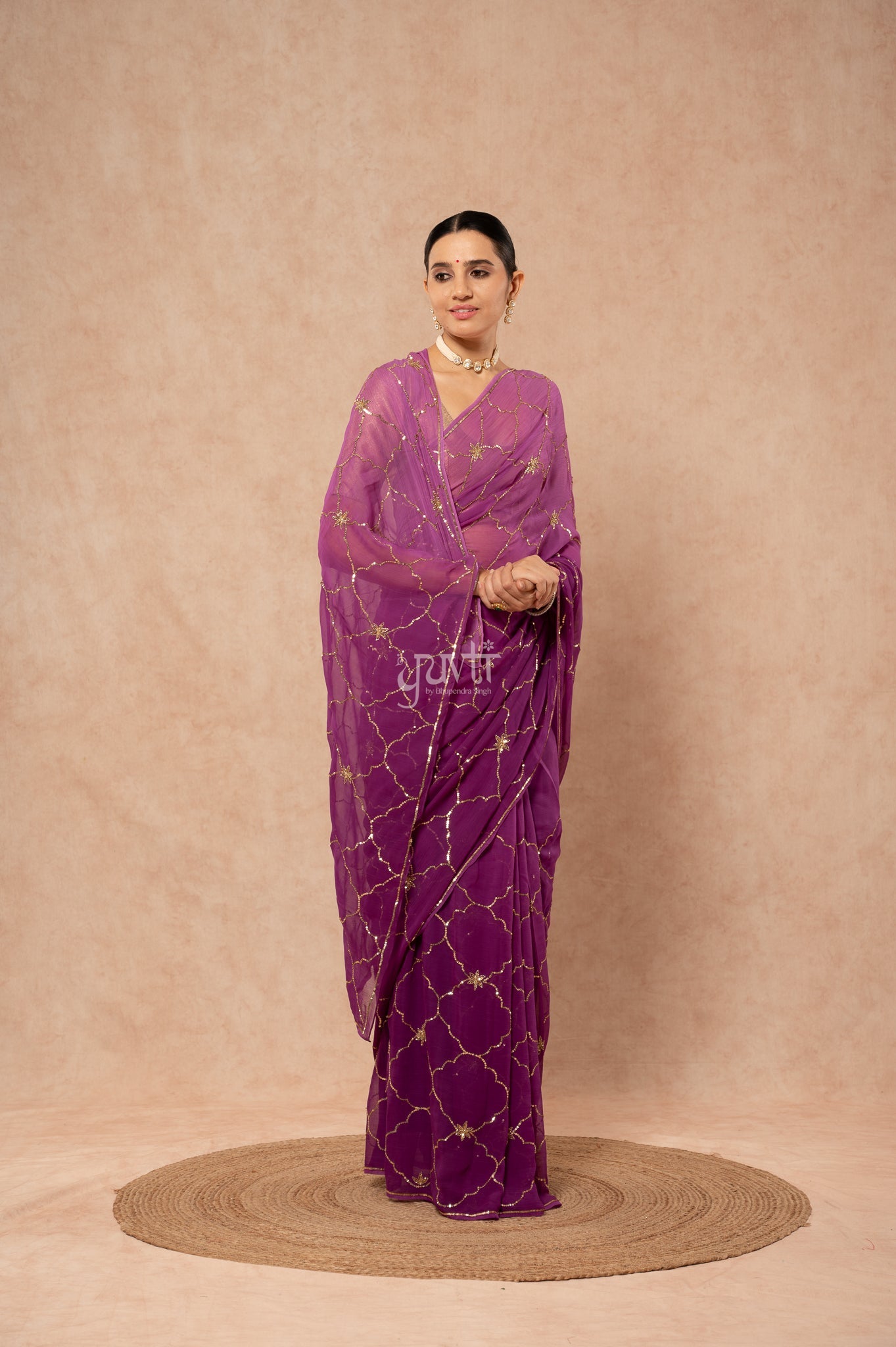Purple Shaded Viscose Chiffon Kardana Sequins Jaal Handwork  Saree  with Blouse