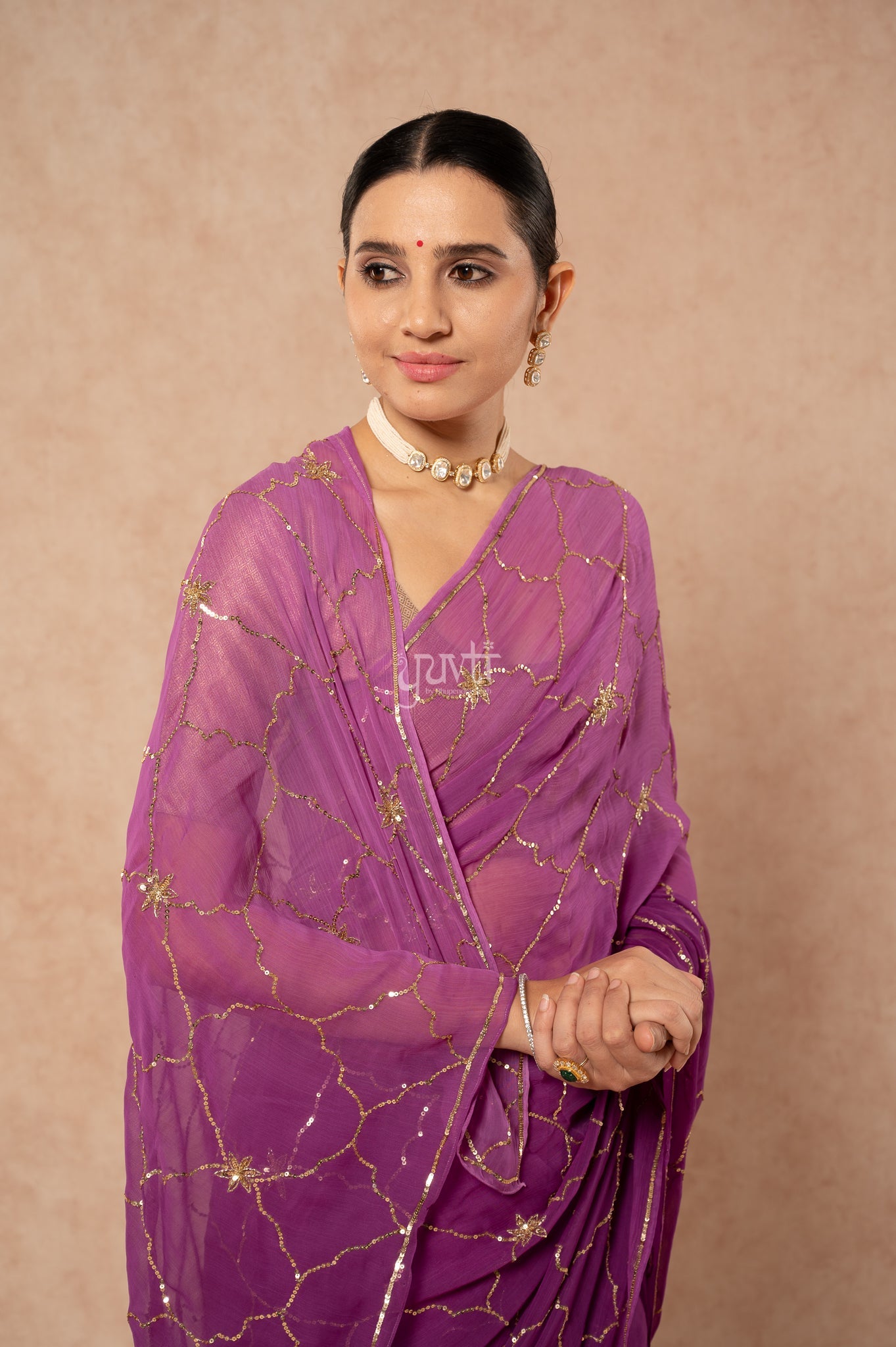 Purple Shaded Viscose Chiffon Kardana Sequins Jaal Handwork  Saree  with Blouse