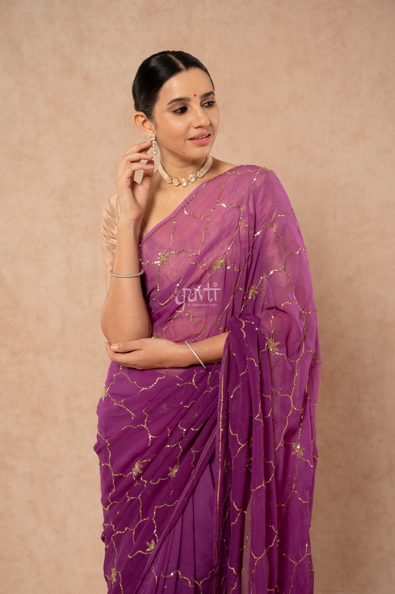 Purple Shaded Viscose Chiffon Kardana Sequins Jaal Handwork  Saree  with Blouse