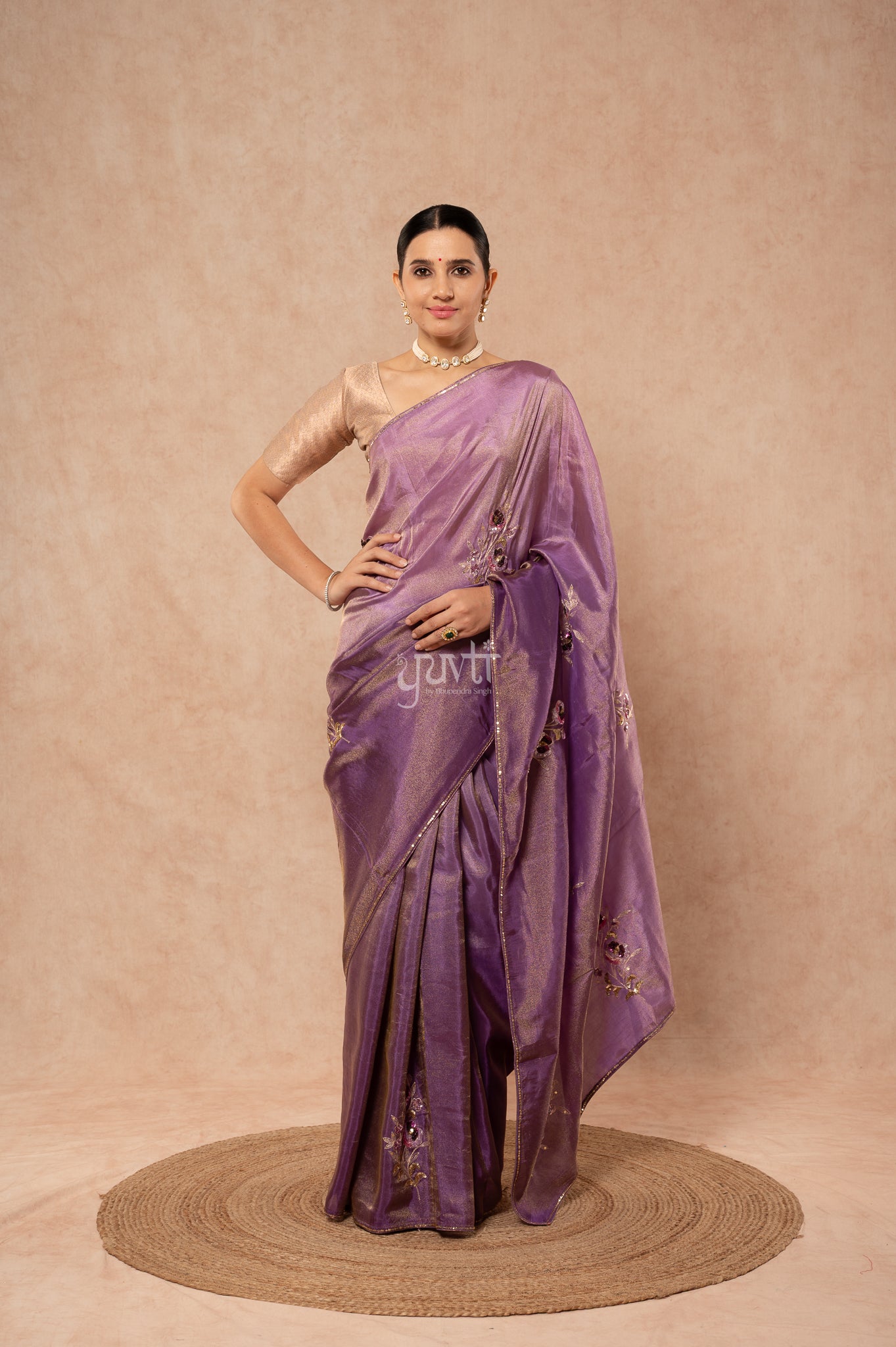 Lavender Shaded Viscose Tissue Aari Sequins Motifs ( Butti ) Handwork  Saree  with Blouse