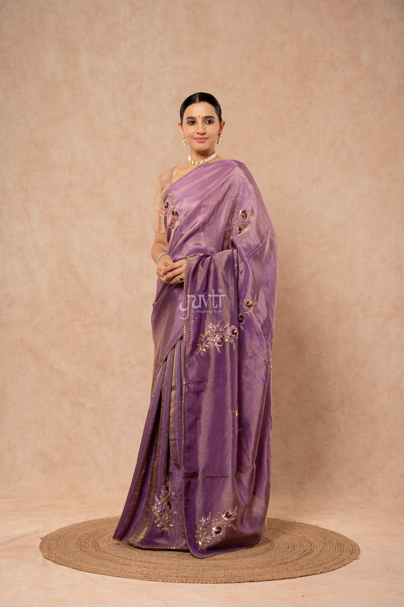 Lavender Shaded Viscose Tissue Aari Sequins Motifs ( Butti ) Handwork  Saree  with Blouse