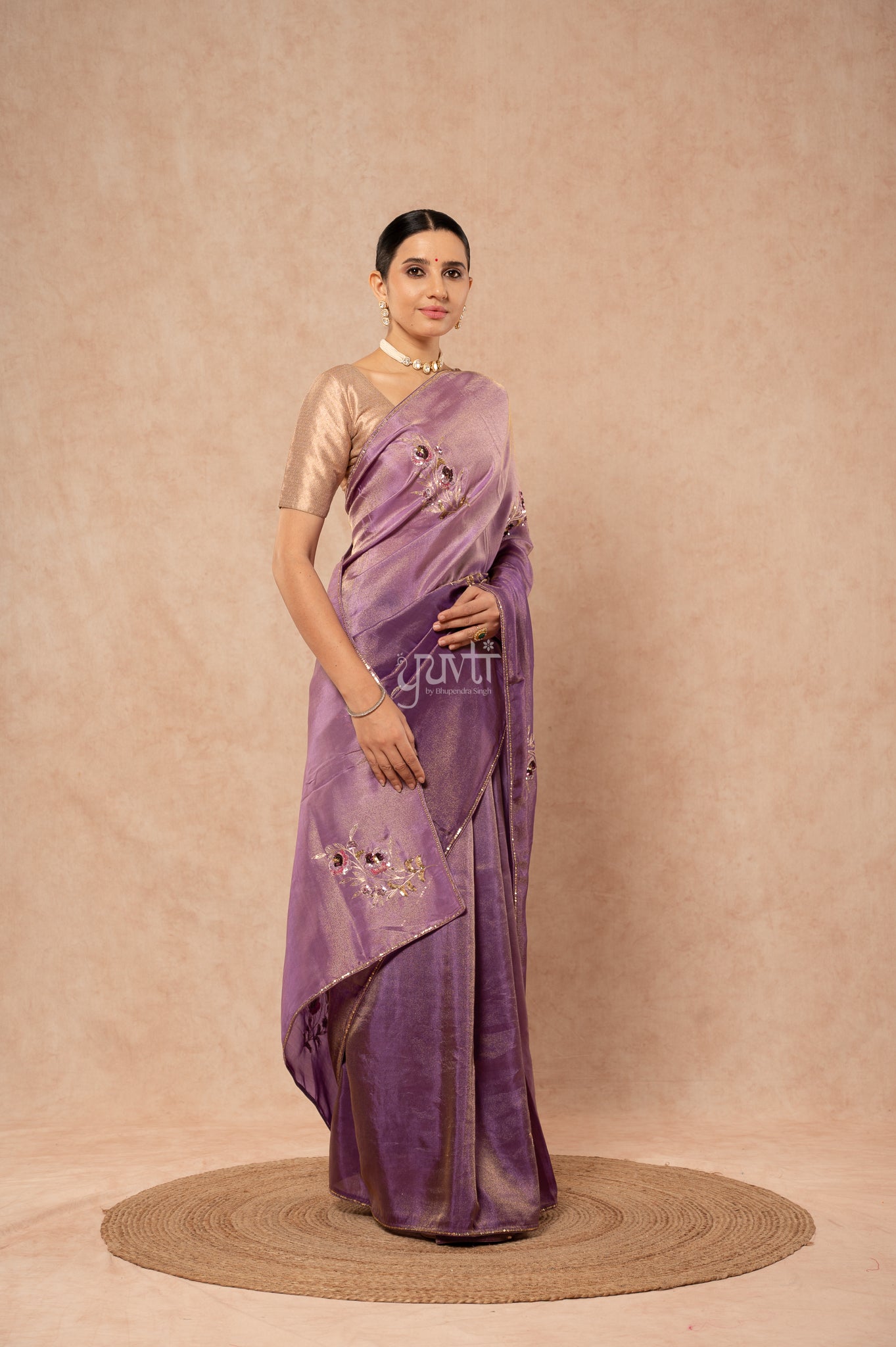 Lavender Shaded Viscose Tissue Aari Sequins Motifs ( Butti ) Handwork  Saree  with Blouse