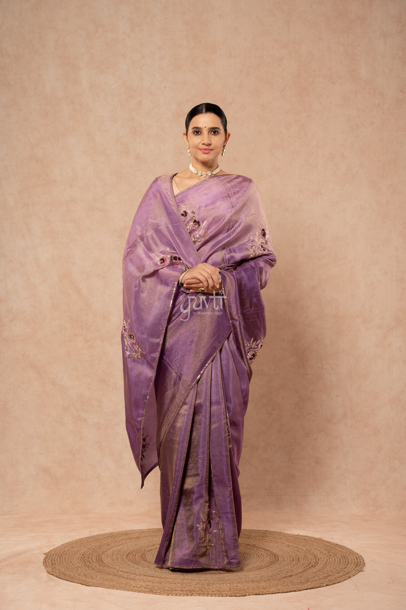 Lavender Shaded Viscose Tissue Aari Sequins Motifs ( Butti ) Handwork  Saree  with Blouse