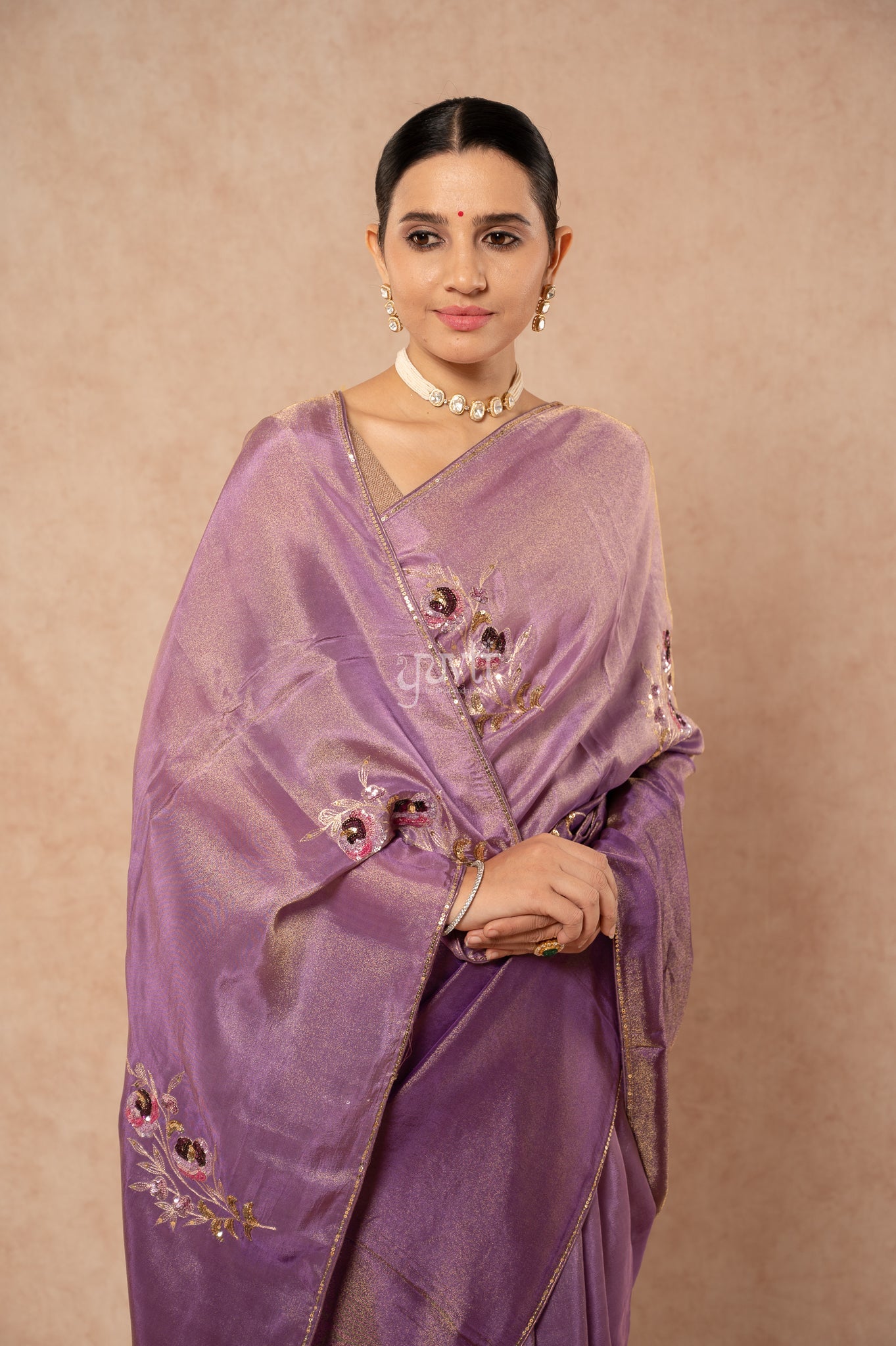 Lavender Shaded Viscose Tissue Aari Sequins Motifs ( Butti ) Handwork  Saree  with Blouse