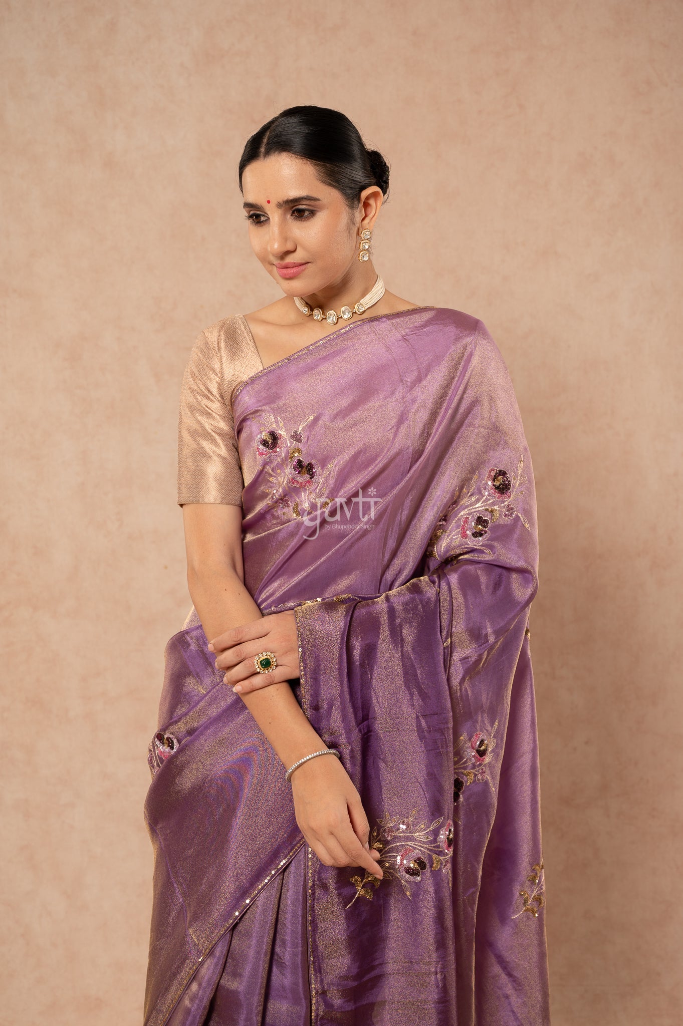 Lavender Shaded Viscose Tissue Aari Sequins Motifs ( Butti ) Handwork  Saree  with Blouse