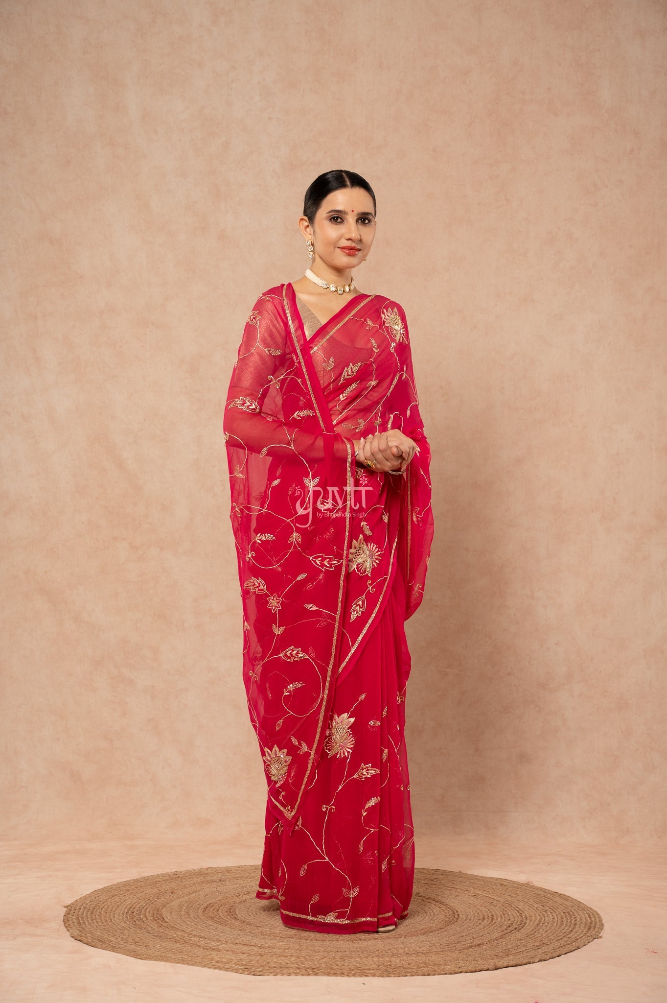 Rani Viscose Chiffon Aari Sequins Jaal Handwork Party wear Saree  with Blouse