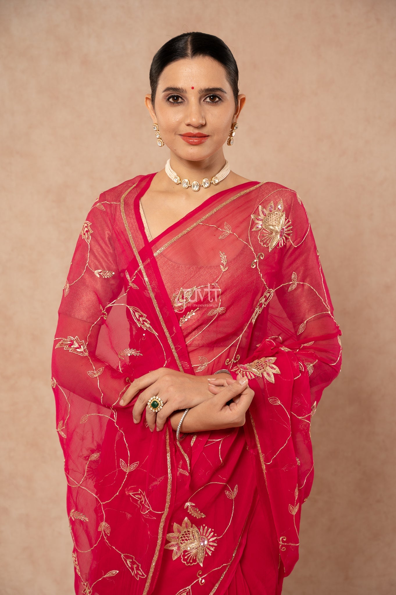 Rani Viscose Chiffon Aari Sequins Jaal Handwork Party wear Saree  with Blouse