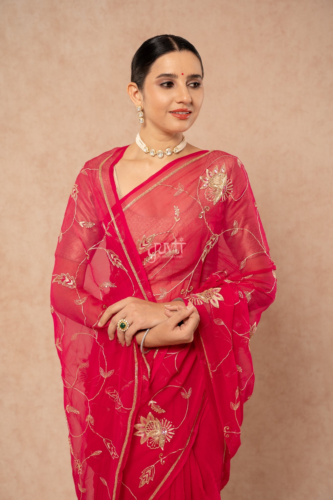 Rani Viscose Chiffon Aari Sequins Jaal Handwork Party wear Saree  with Blouse