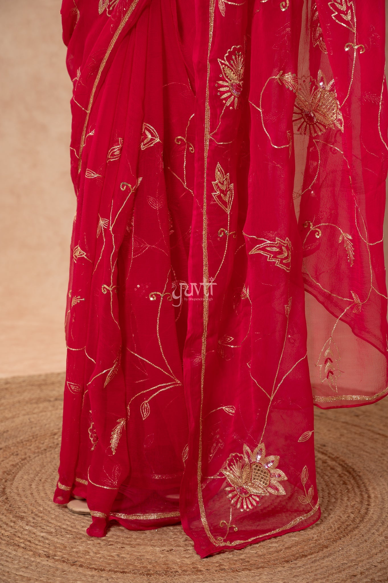 Rani Viscose Chiffon Aari Sequins Jaal Handwork Party wear Saree  with Blouse