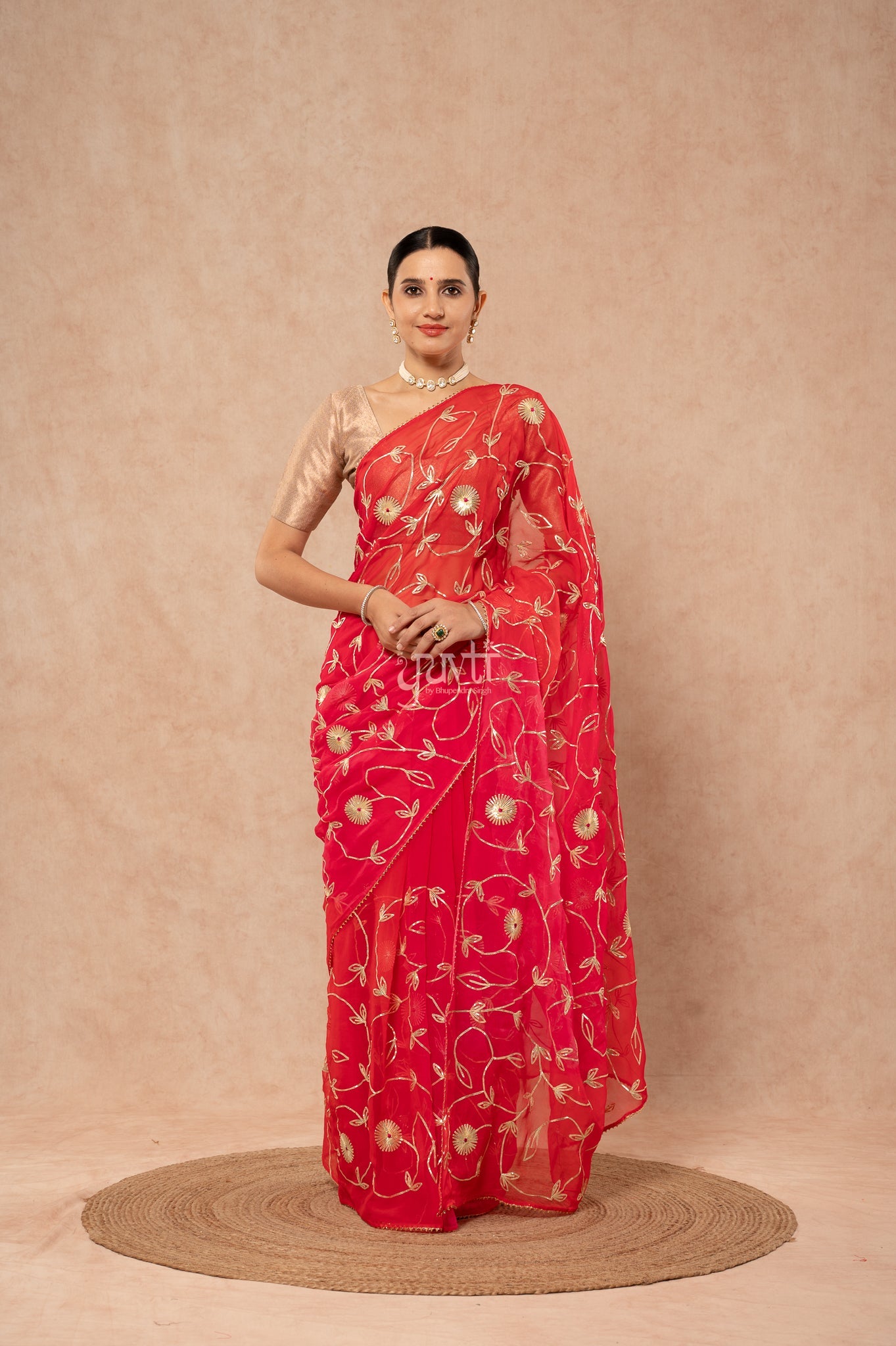 Red Rani Shaded Viscose Chiffon Sikhiya Gotta Jaal   Saree  with Blouse