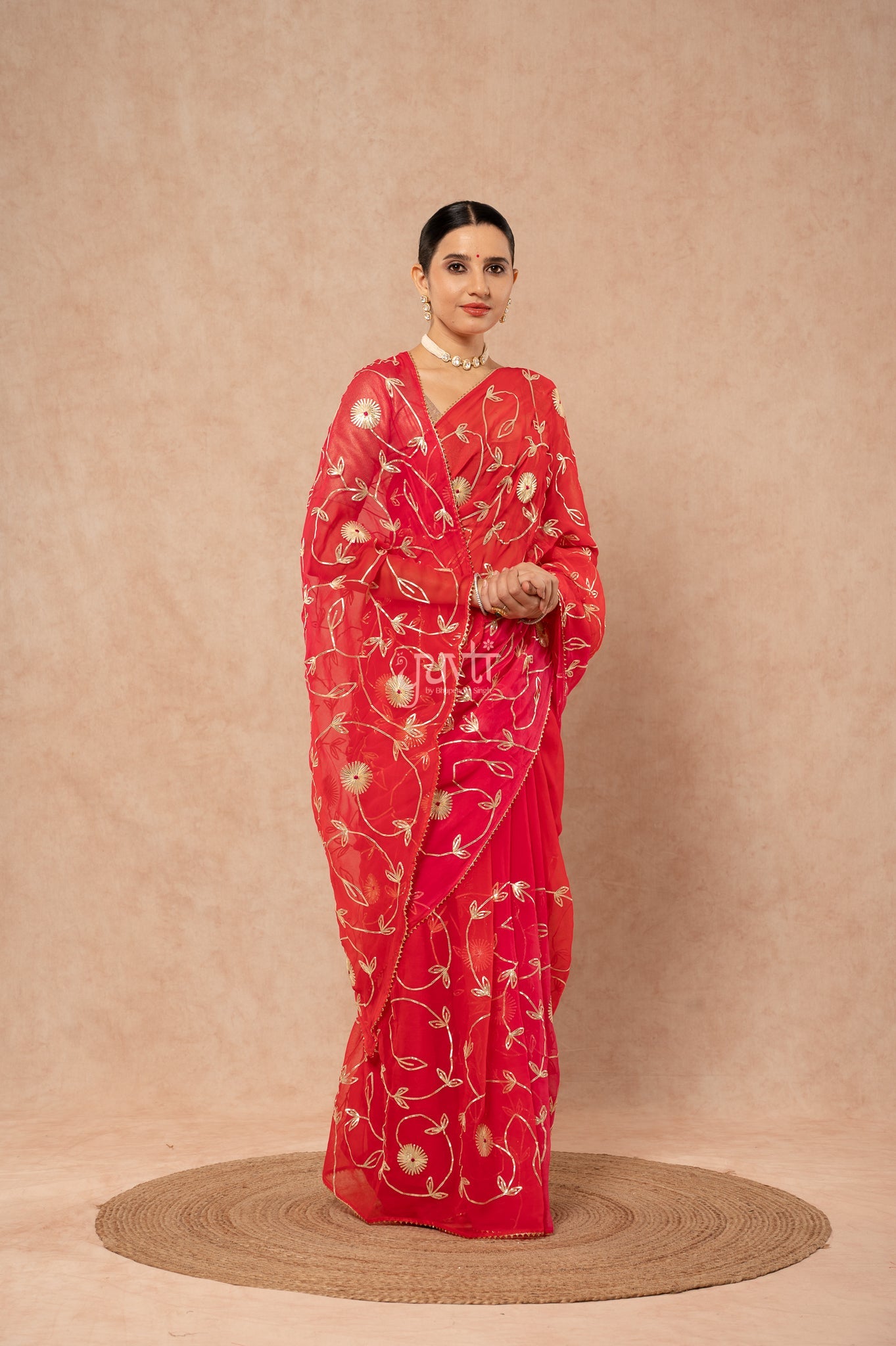 Red Rani Shaded Viscose Chiffon Sikhiya Gotta Jaal   Saree  with Blouse