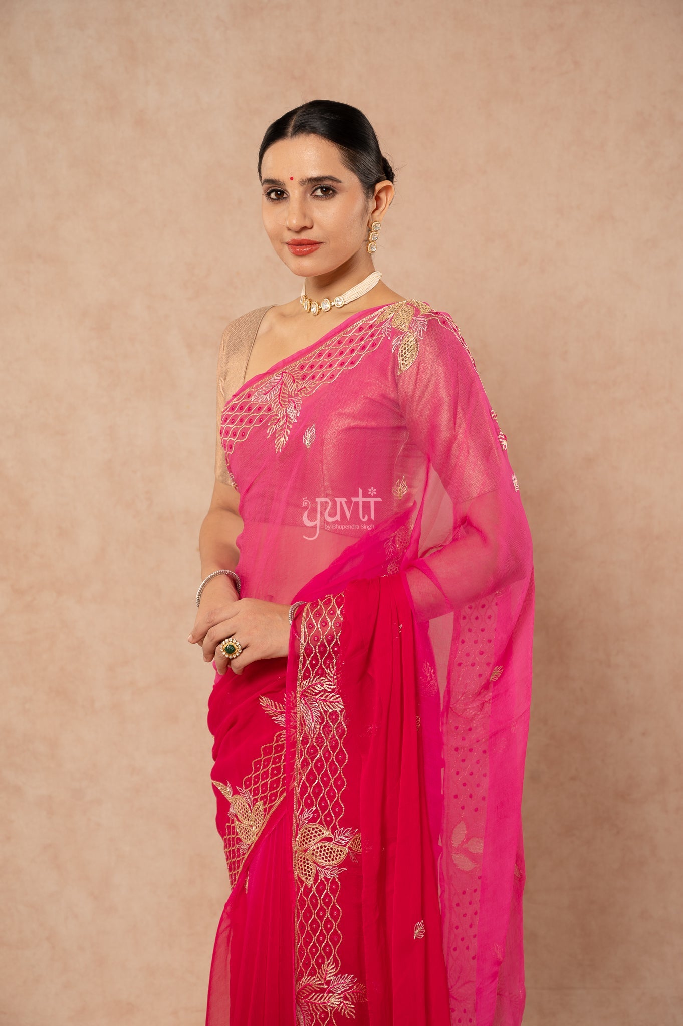 Rani Shaded Viscose Chiffon Aari Resham Sequins Cutwork Border Butti handwork  Saree  with Blouse