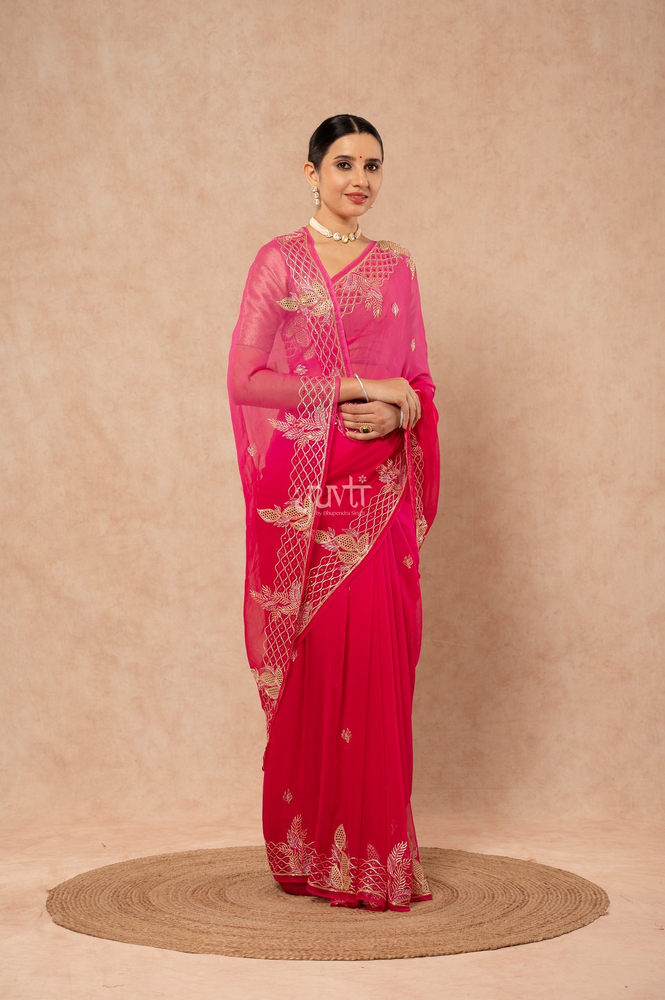 Rani Shaded Viscose Chiffon Aari Resham Sequins Cutwork Border Butti handwork  Saree  with Blouse