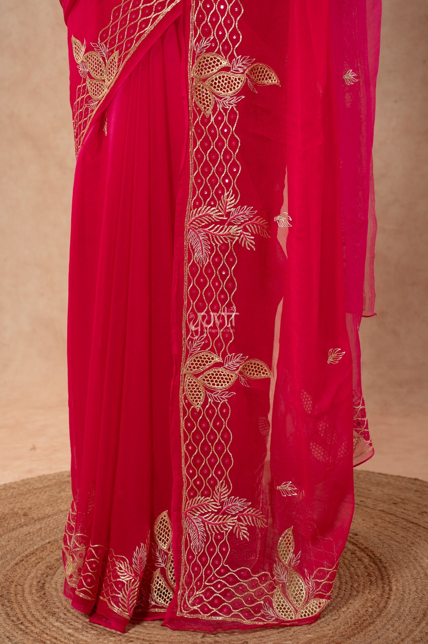 Rani Shaded Viscose Chiffon Aari Resham Sequins Cutwork Border Butti handwork  Saree  with Blouse