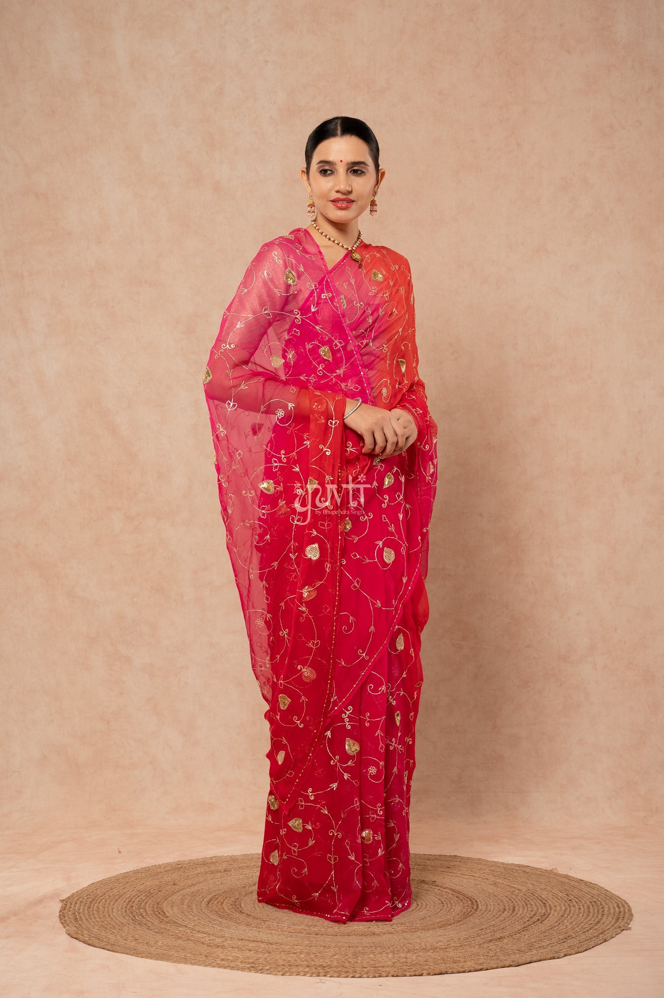 Red Rani Shaded Viscose Chiffon Aari Sequins Jaal Handwork  Saree  with Blouse