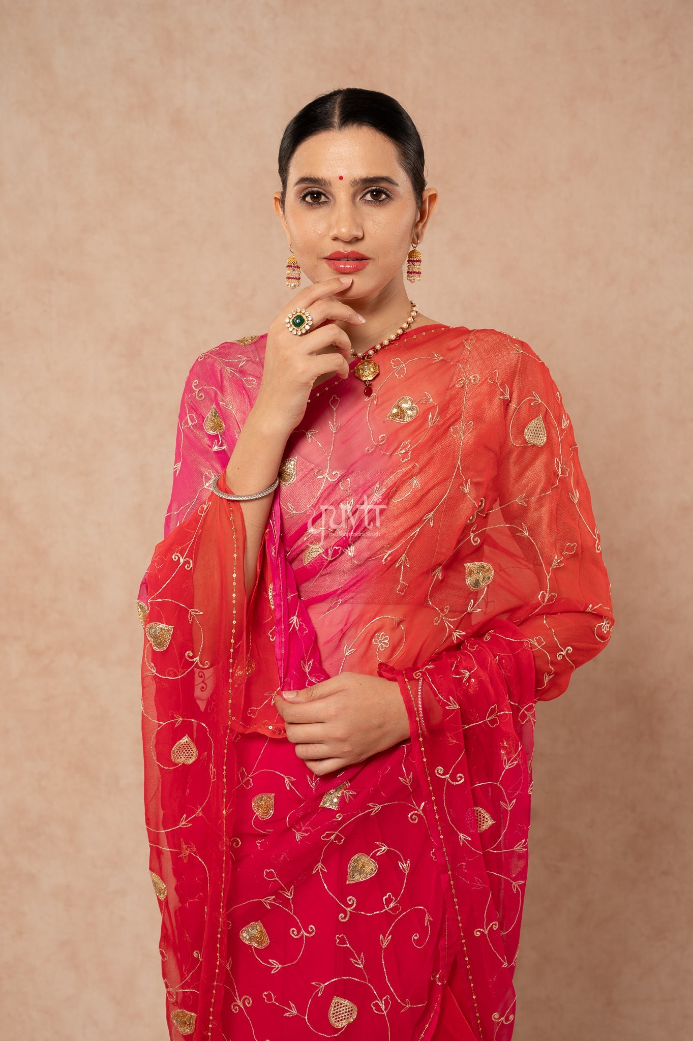 Red Rani Shaded Viscose Chiffon Aari Sequins Jaal Handwork  Saree  with Blouse