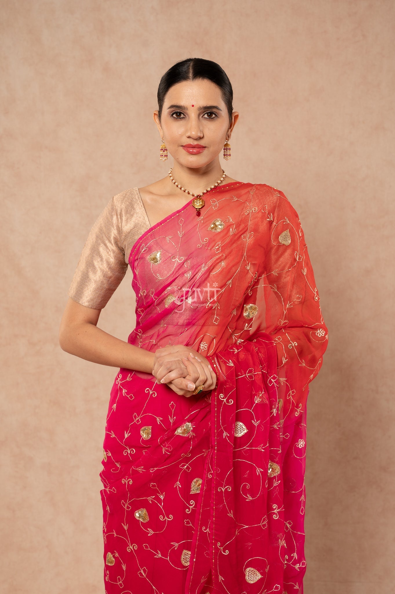 Red Rani Shaded Viscose Chiffon Aari Sequins Jaal Handwork  Saree  with Blouse
