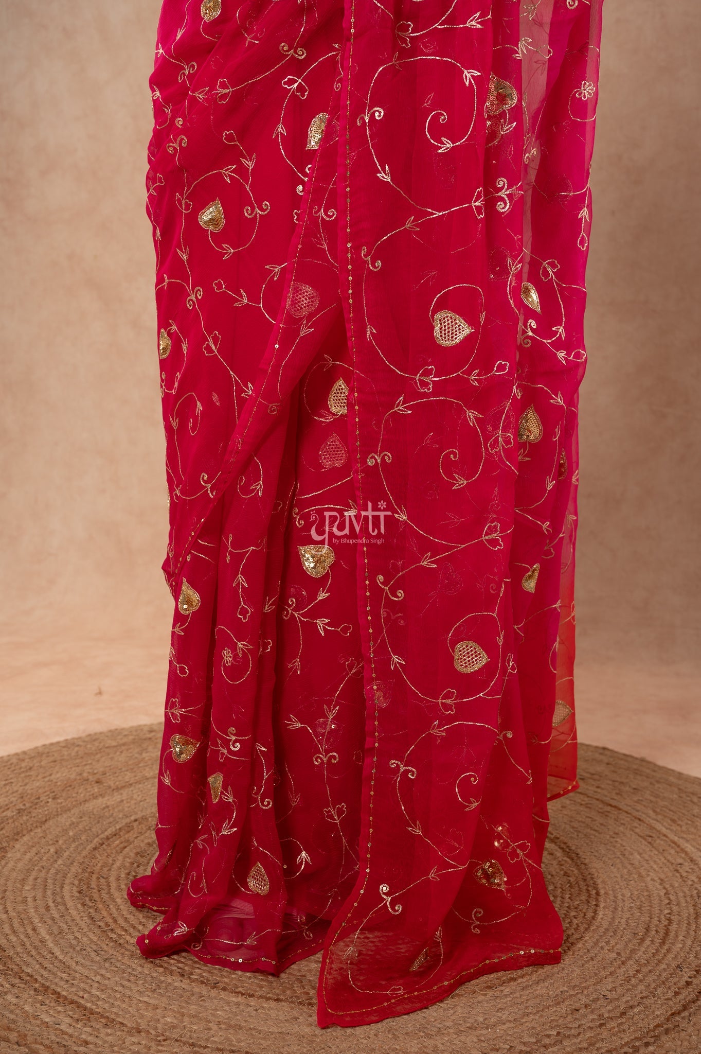 Red Rani Shaded Viscose Chiffon Aari Sequins Jaal Handwork  Saree  with Blouse