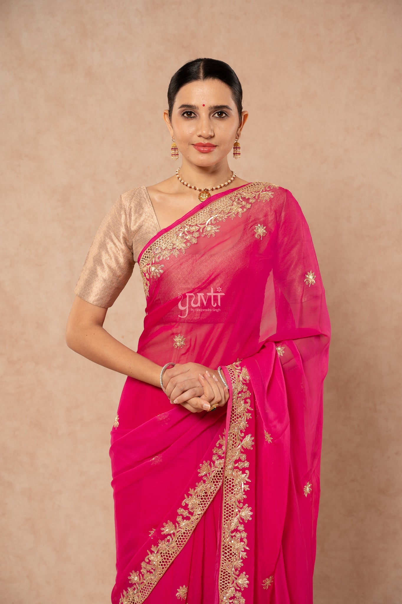 Rani Shaded Viscose Chiffon Aari Sequins Zardozi Cutwork Border Butti Handwork Party  Saree  with Blouse