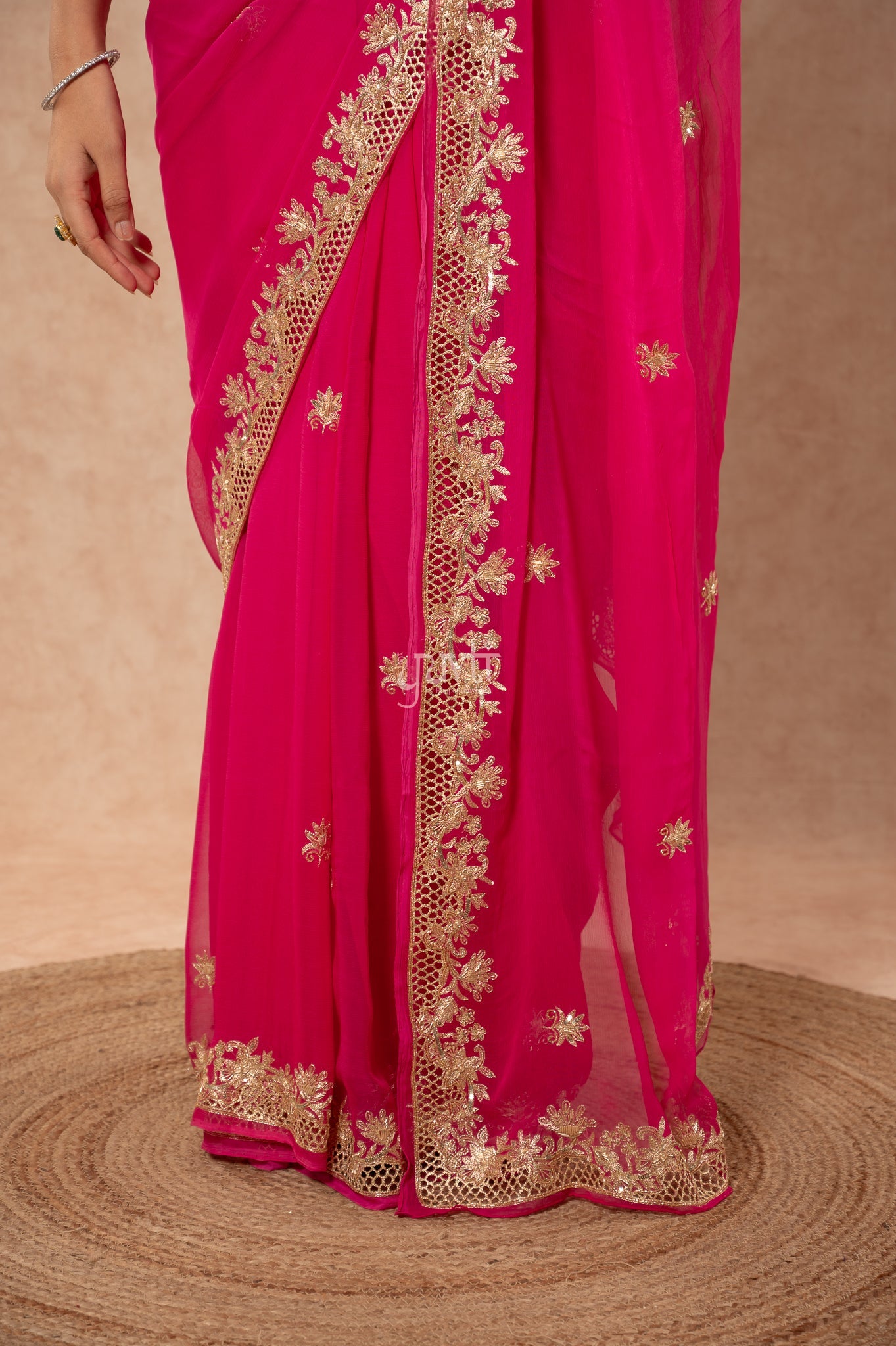 Rani Shaded Viscose Chiffon Aari Sequins Zardozi Cutwork Border Butti Handwork Party  Saree  with Blouse