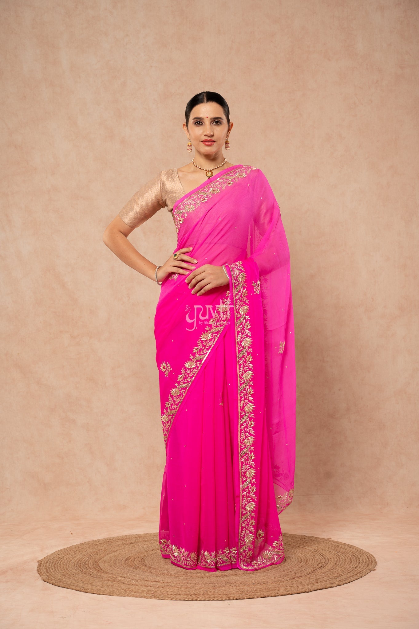 Rani Shaded Pure Chiffon Aari Sequins Zardozi Border Butti Handwork Party  Saree  with Blouse