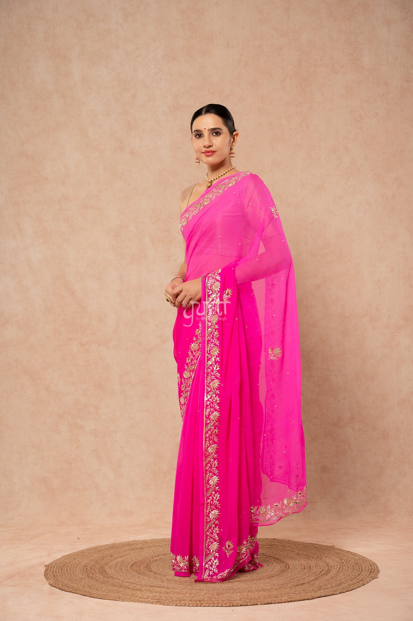 Rani Shaded Pure Chiffon Aari Sequins Zardozi Border Butti Handwork Party  Saree  with Blouse