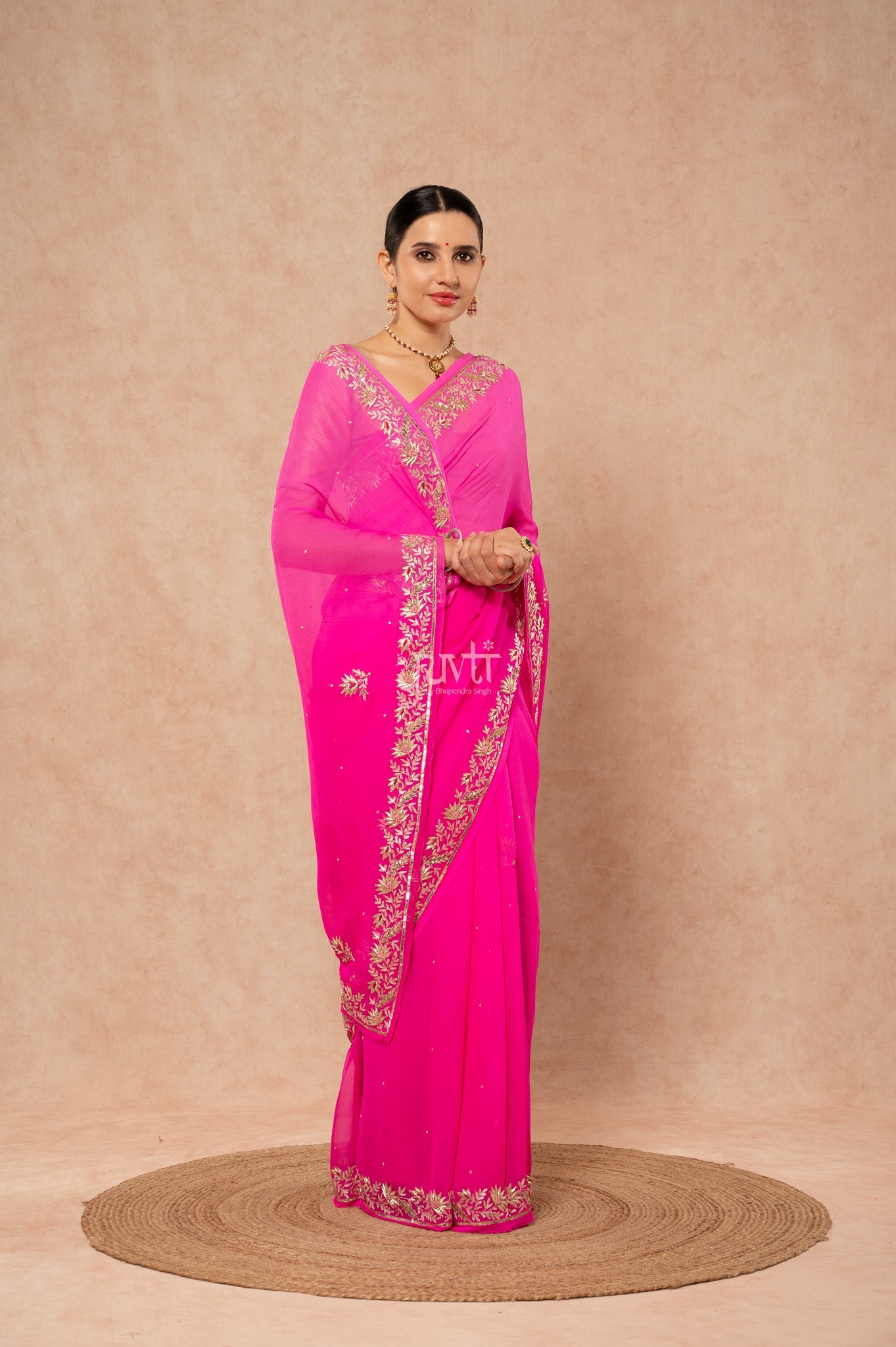 Rani Shaded Pure Chiffon Aari Sequins Zardozi Border Butti Handwork Party  Saree  with Blouse